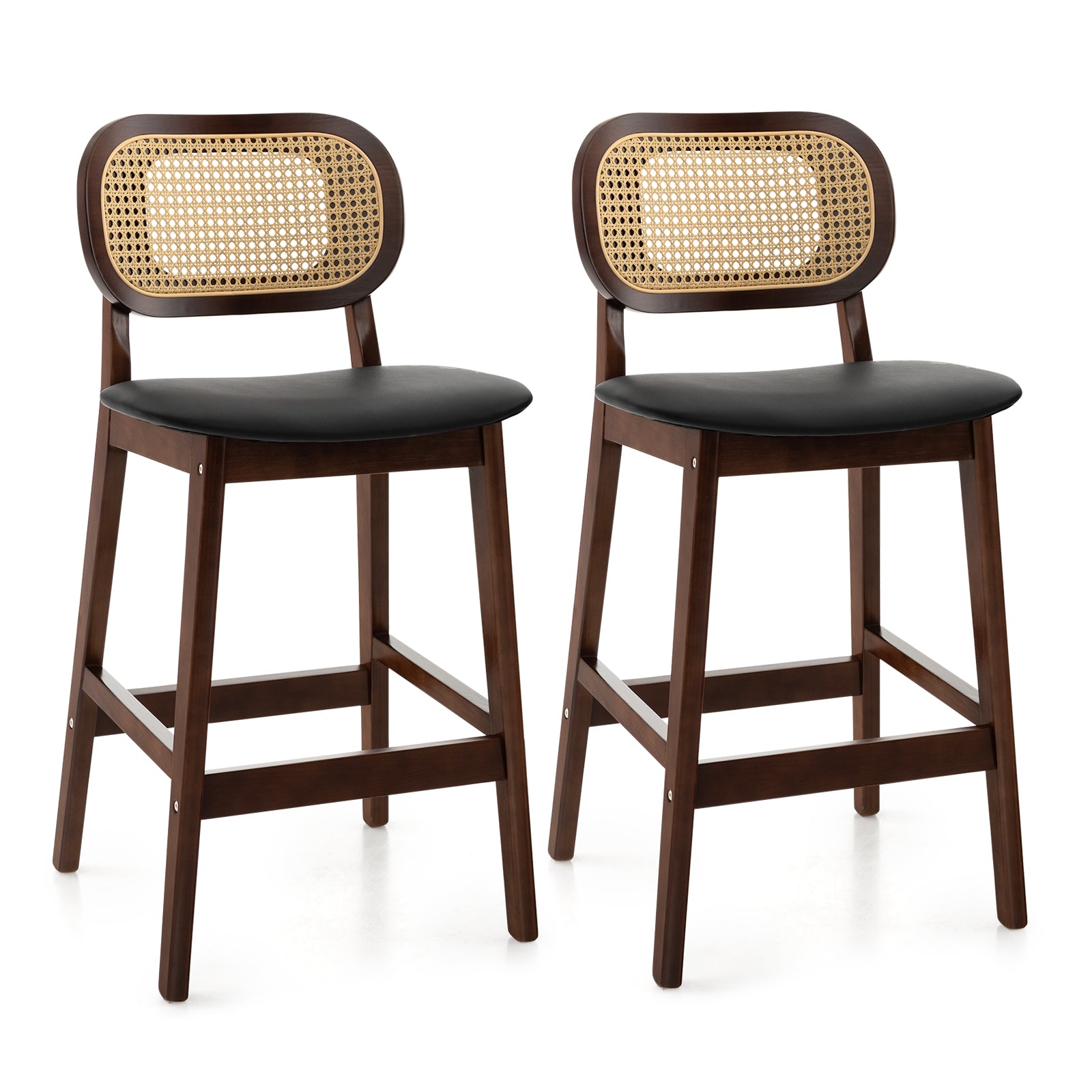 SUGIFT Wood Bar Chairs with PE Rattan Backrest Padded Seat and Footrest