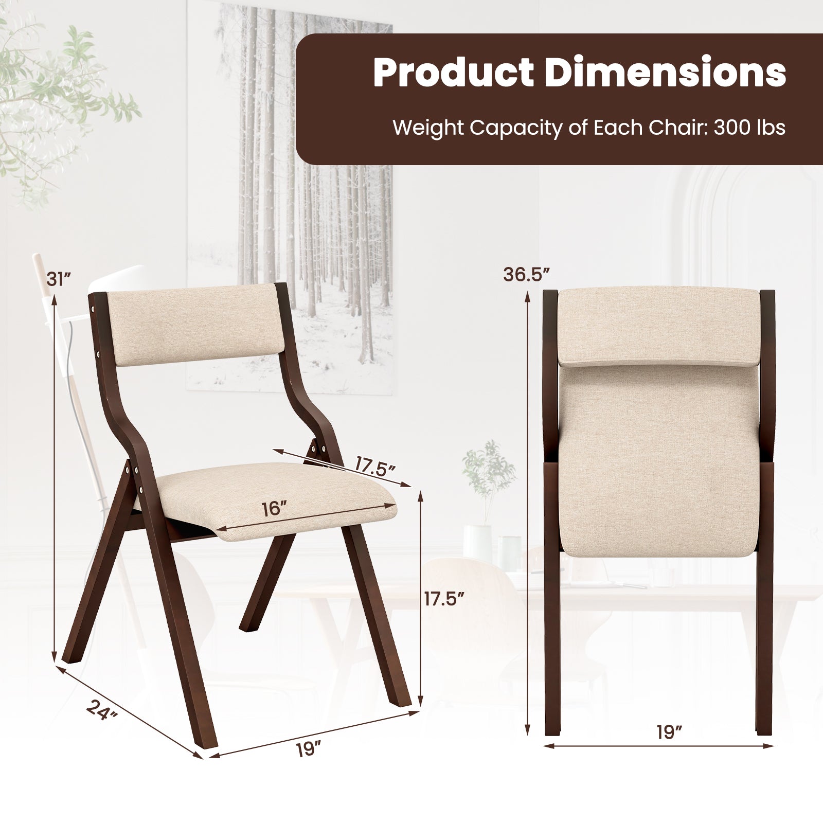 SUGIFT Set of 2 Wooden Folding Dining Chair with Linen Fabric Padded Seat and Backrest