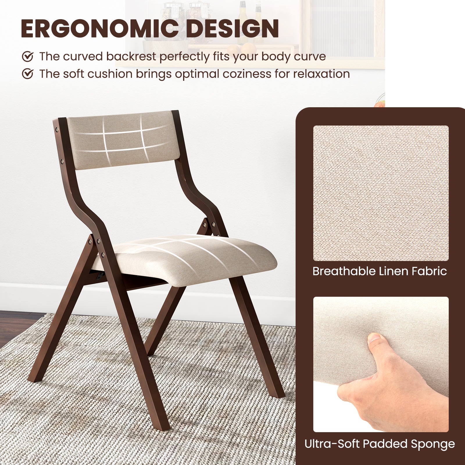 SUGIFT Set of 2 Wooden Folding Dining Chair with Linen Fabric Padded Seat and Backrest