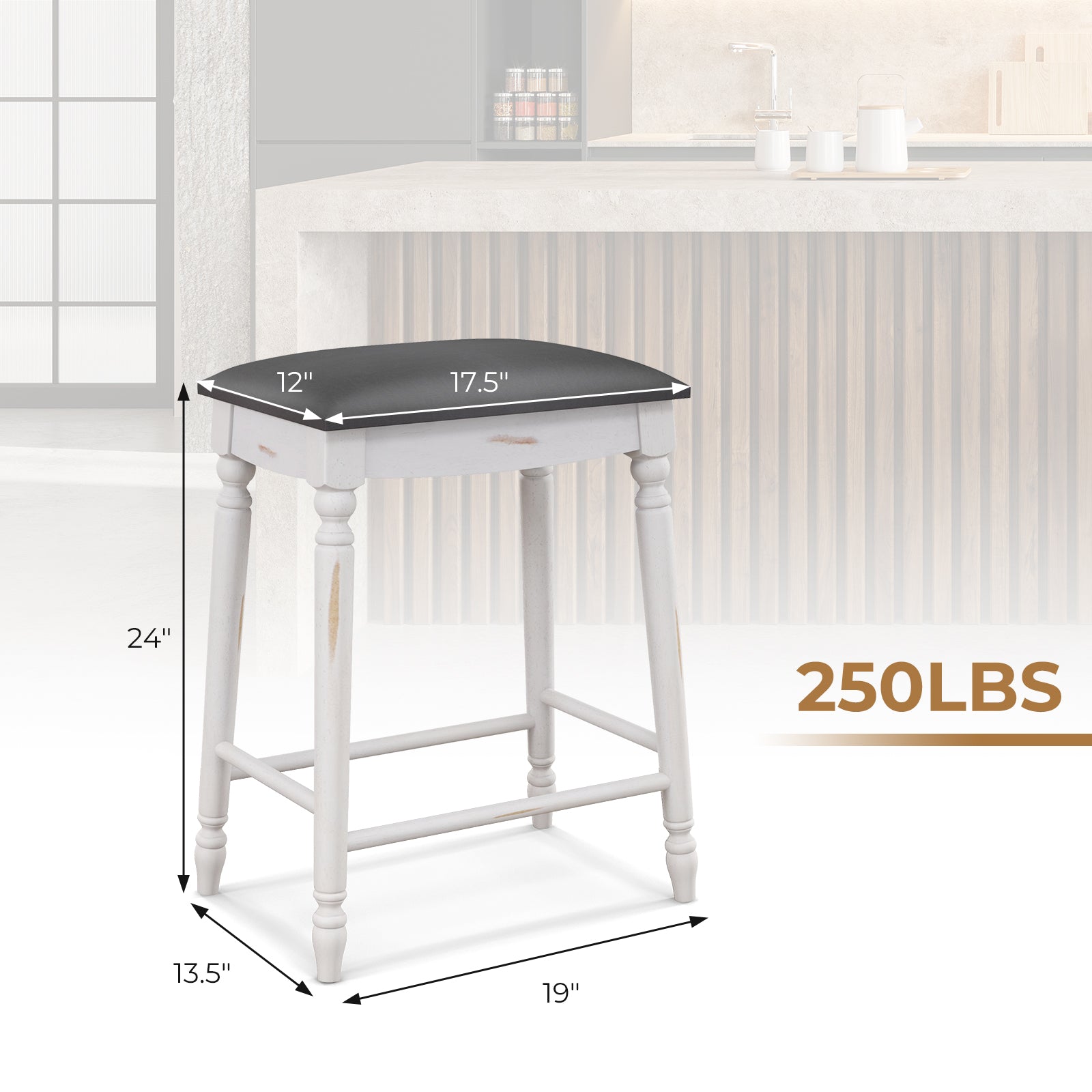 24 inch Bar Stool Set of 2 with Padded Seat Cushions and Wood Legs