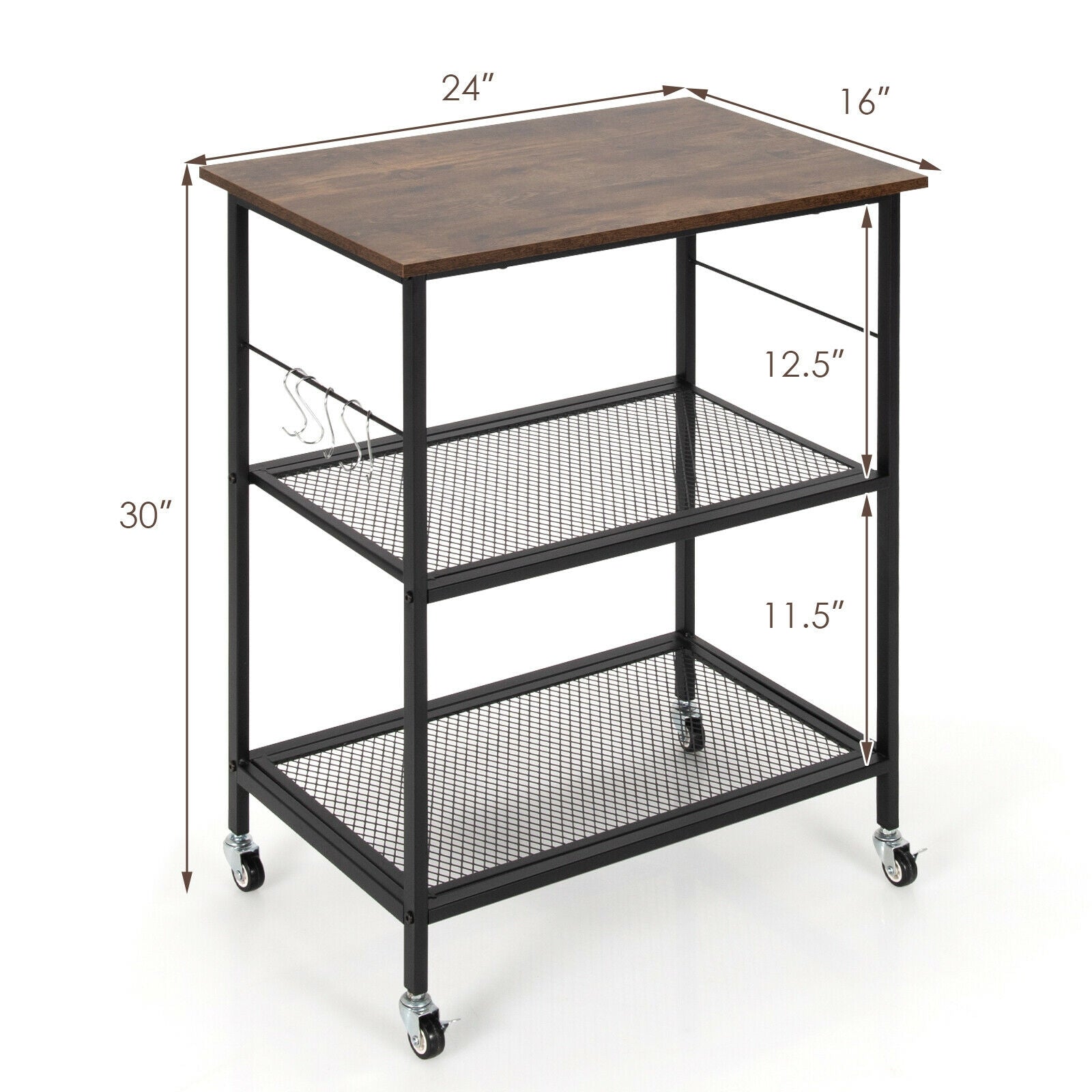 SUGIFT 3-Tier Kitchen Serving Cart Utility Standing Microwave Rack with Hooks
