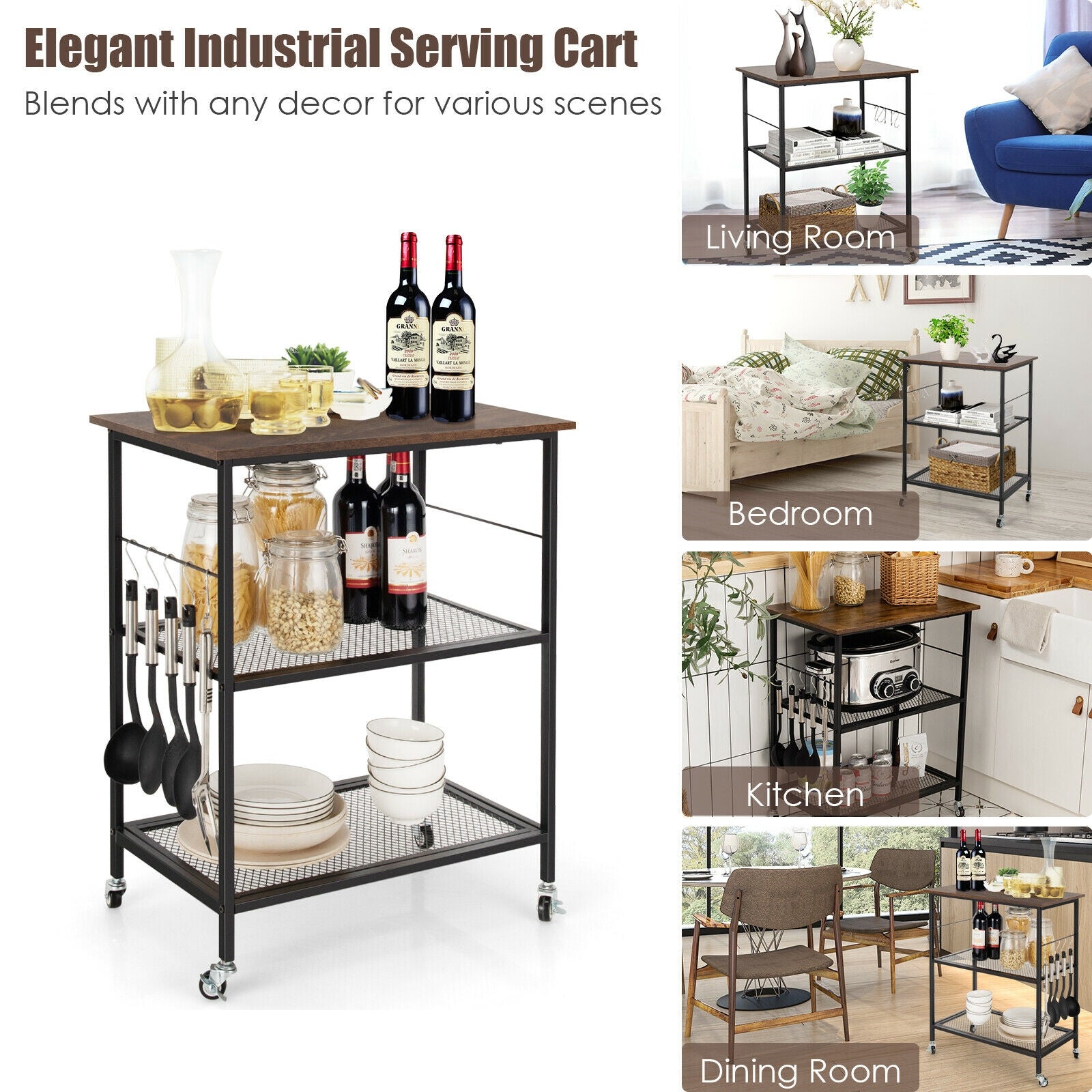 SUGIFT 3-Tier Kitchen Serving Cart Utility Standing Microwave Rack with Hooks