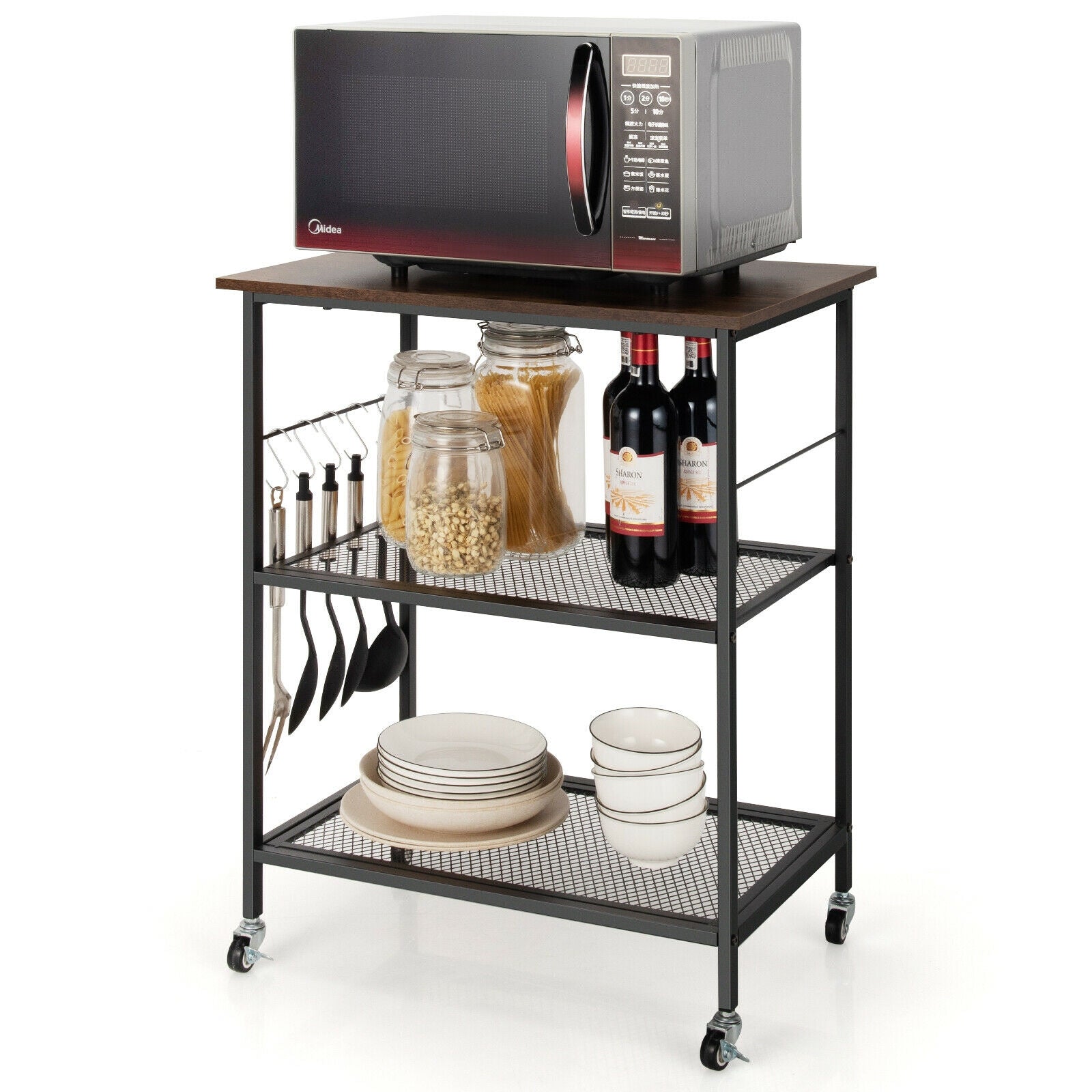 SUGIFT 3-Tier Kitchen Serving Cart Utility Standing Microwave Rack with Hooks