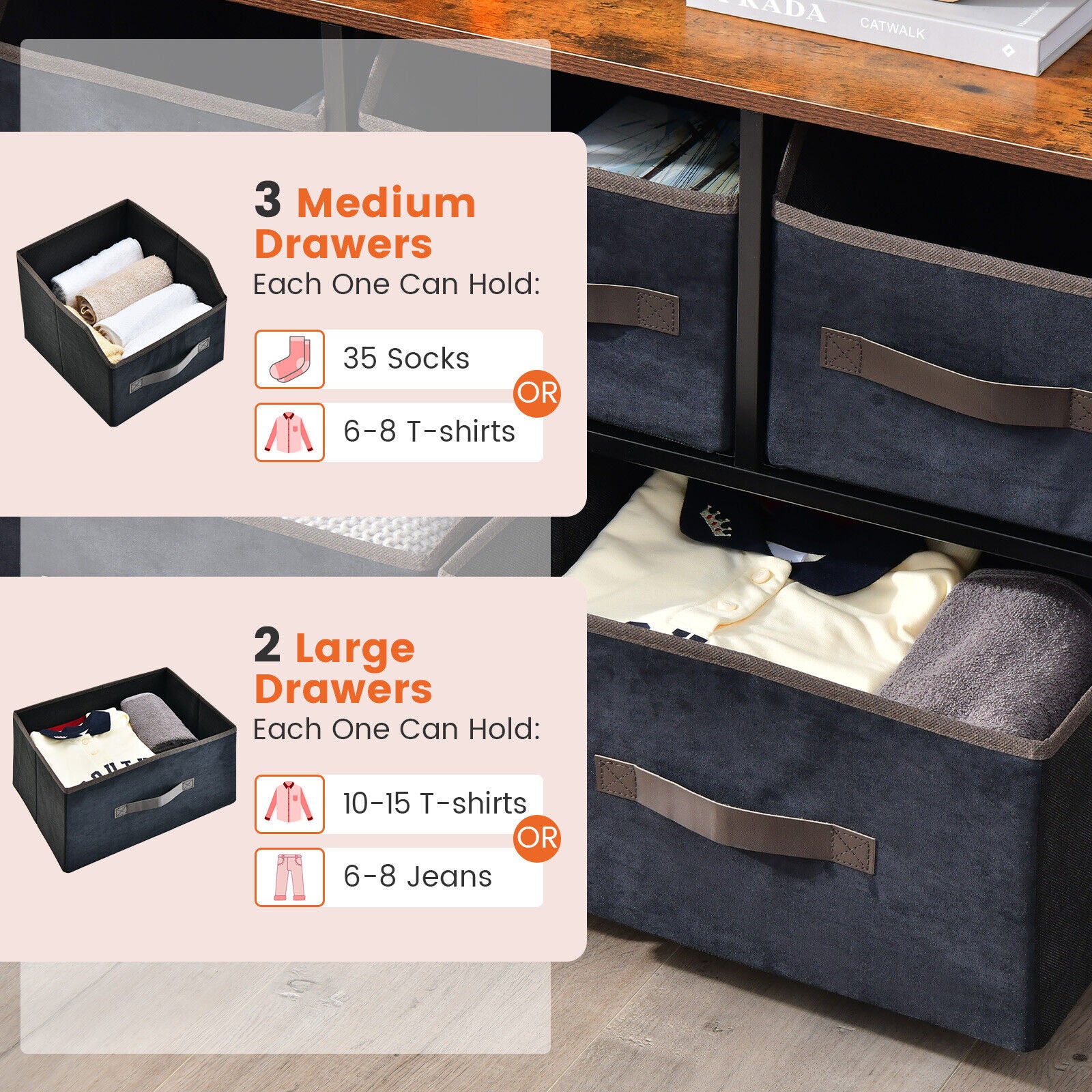 SUGIFT 5 Drawers Storage Dresser with Fabric Bin