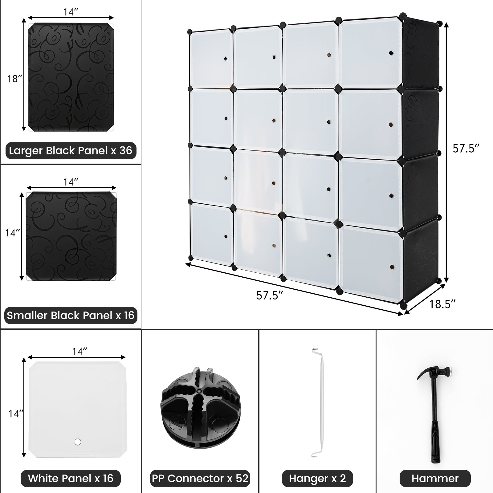 16-Cube Storage Organizer with 16 Doors and 2 Hanging Rods