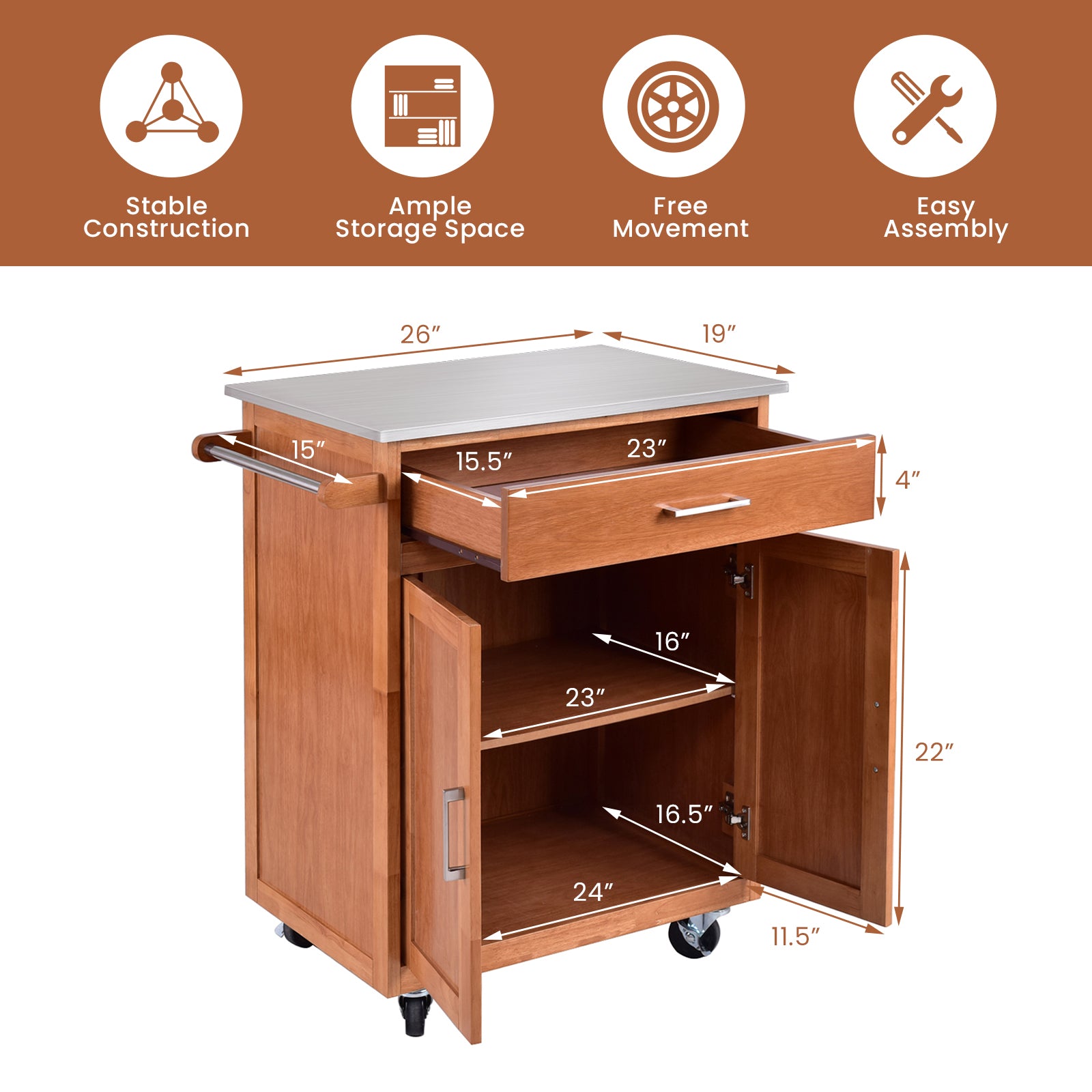 SUGIFT Wooden Kitchen Rolling Storage Cabinet with Stainless Steel Top