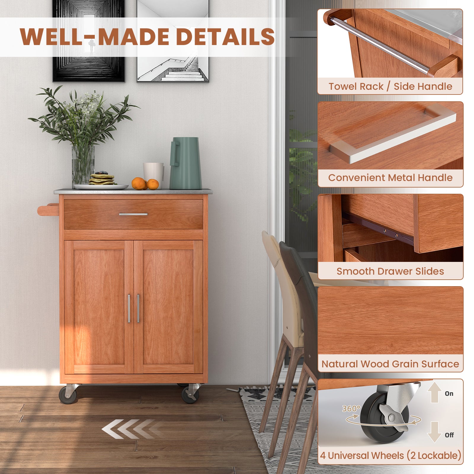 SUGIFT Wooden Kitchen Rolling Storage Cabinet with Stainless Steel Top