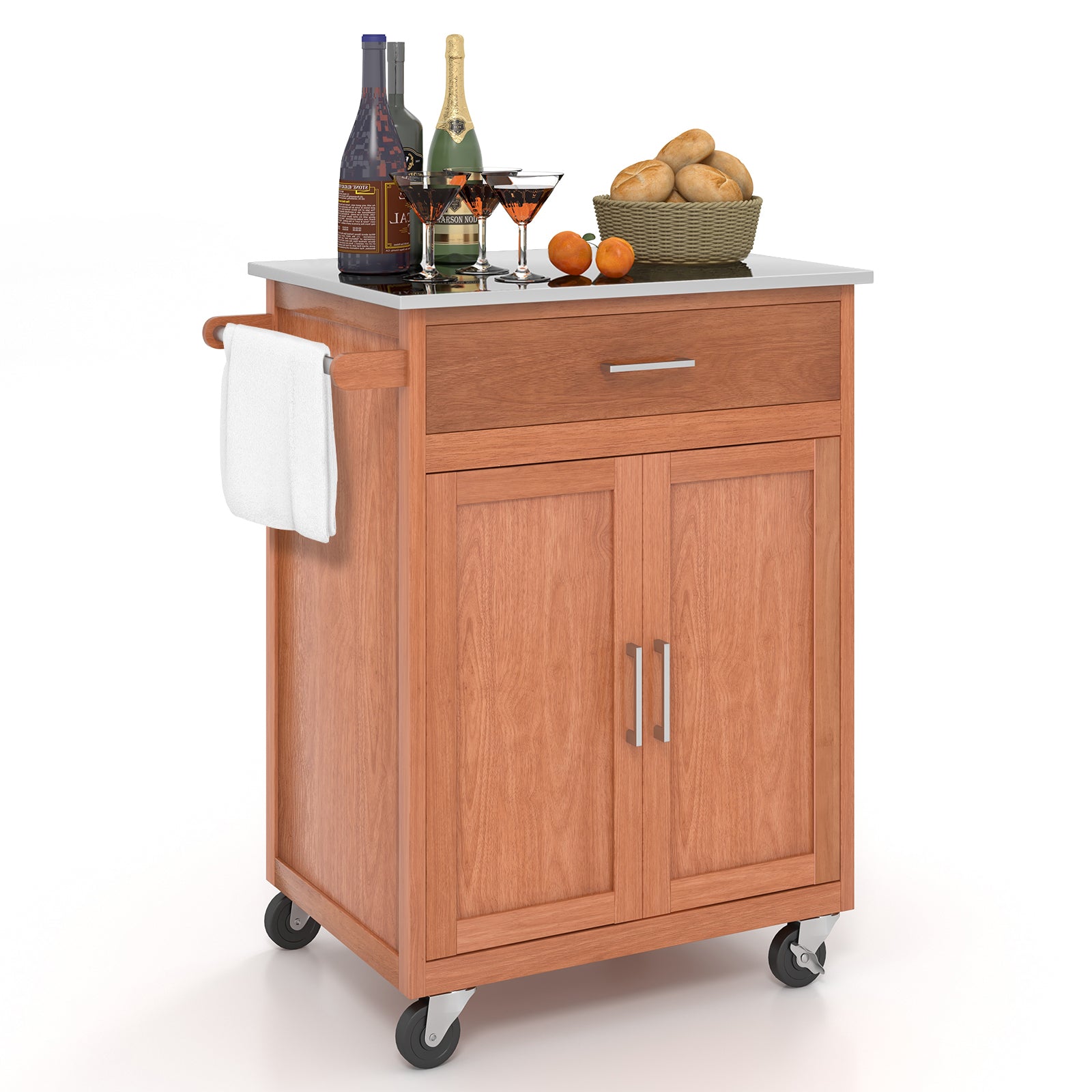 SUGIFT Wooden Kitchen Rolling Storage Cabinet with Stainless Steel Top