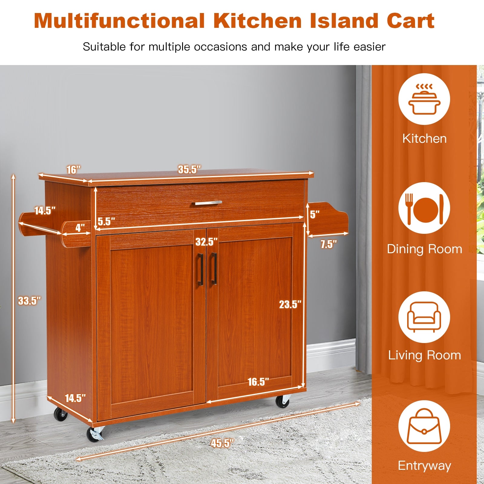 SUGIFT Rolling Kitchen Island Cart with Towel and Spice Rack