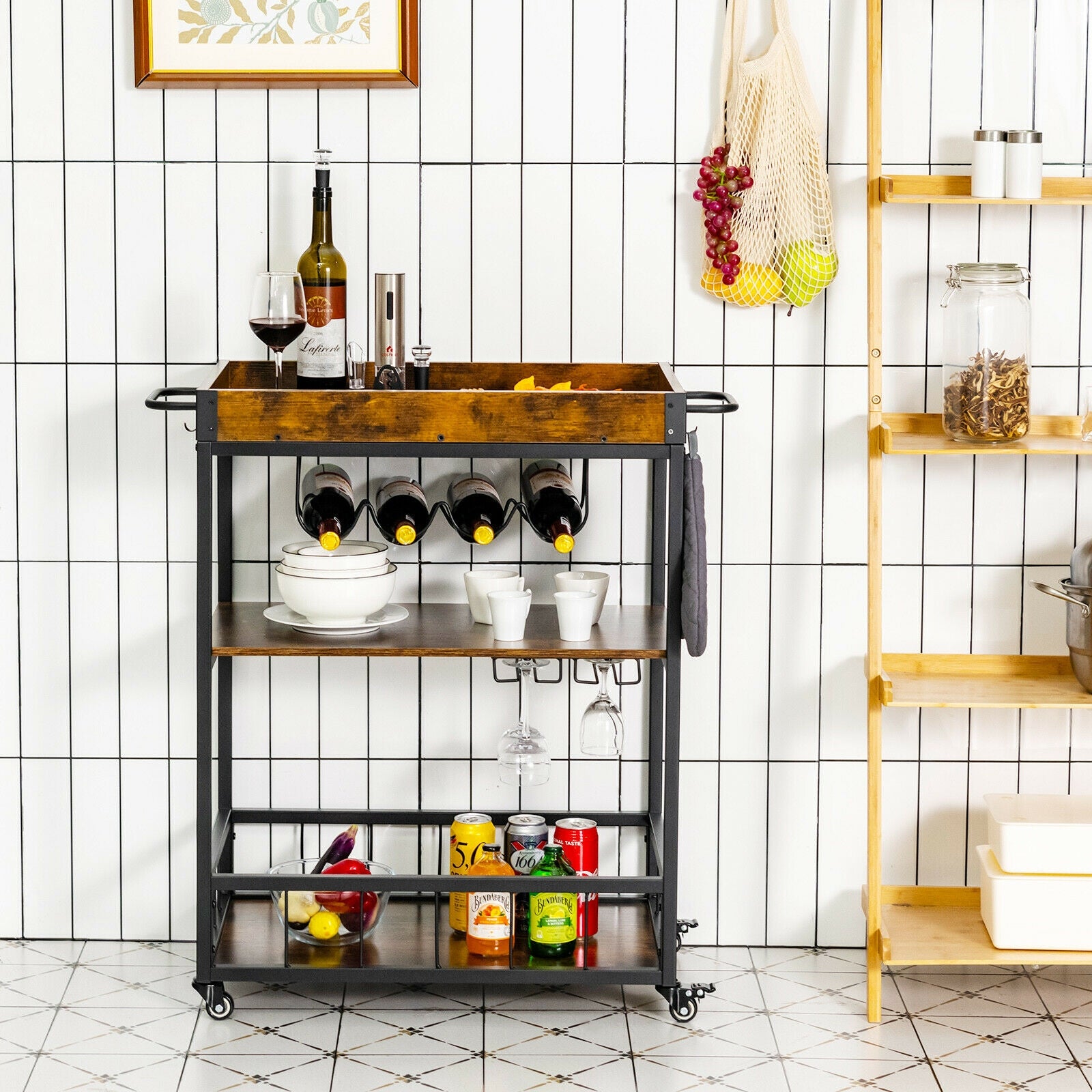 3-Tier Rolling Kitchen Bar Cart with Wine Rack