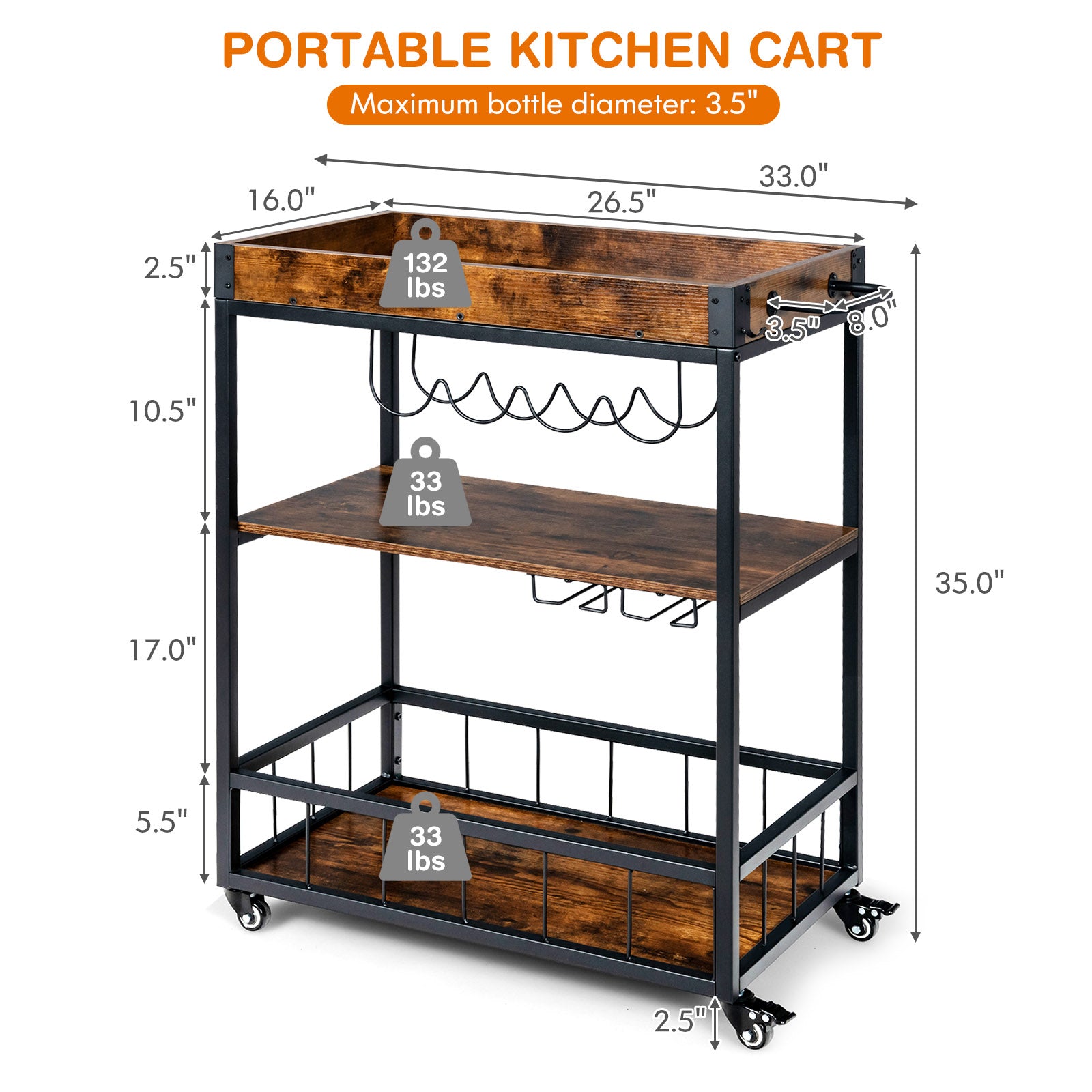 3-Tier Rolling Kitchen Bar Cart with Wine Rack