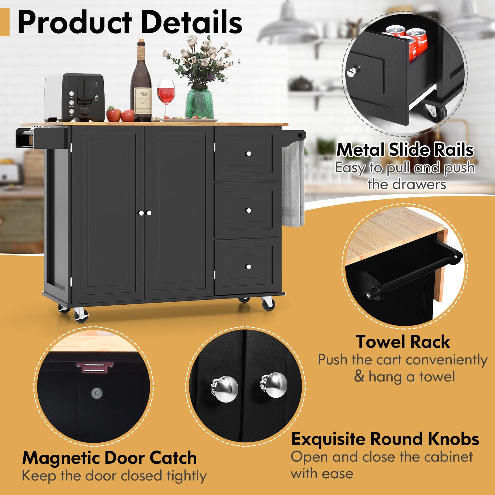 SUGUIFT Kitchen Island Trolley Cart Wood with Drop-Leaf Tabletop and Storage Cabinet