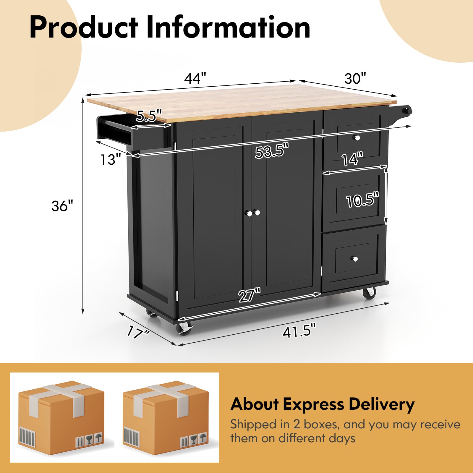 SUGUIFT Kitchen Island Trolley Cart Wood with Drop-Leaf Tabletop and Storage Cabinet