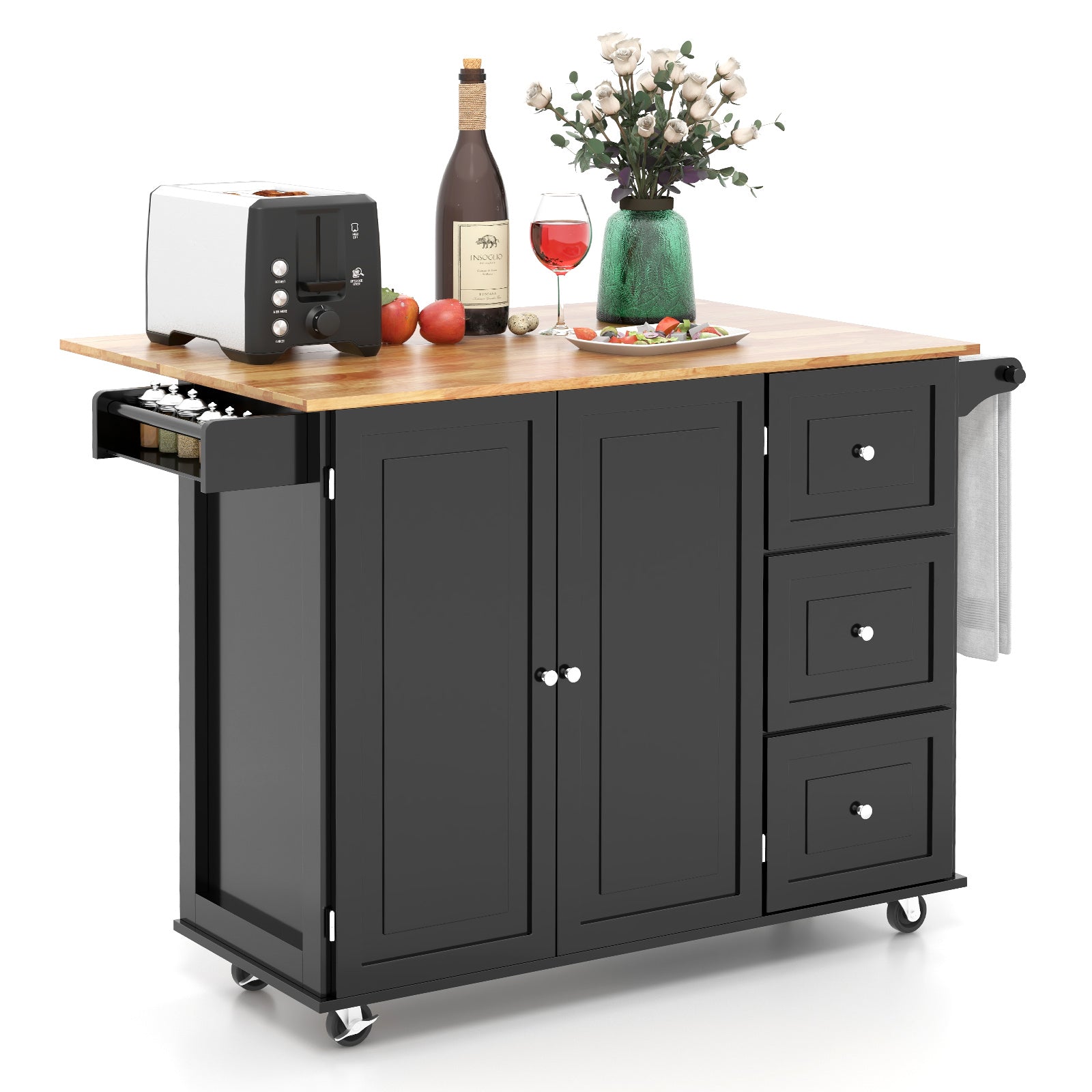 SUGUIFT Kitchen Island Trolley Cart Wood with Drop-Leaf Tabletop and Storage Cabinet