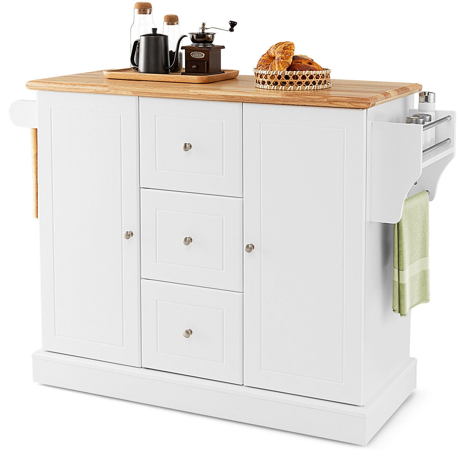 2-Door Large Mobile Kitchen Island Cart with Hidden Wheelsand 3 Drawers