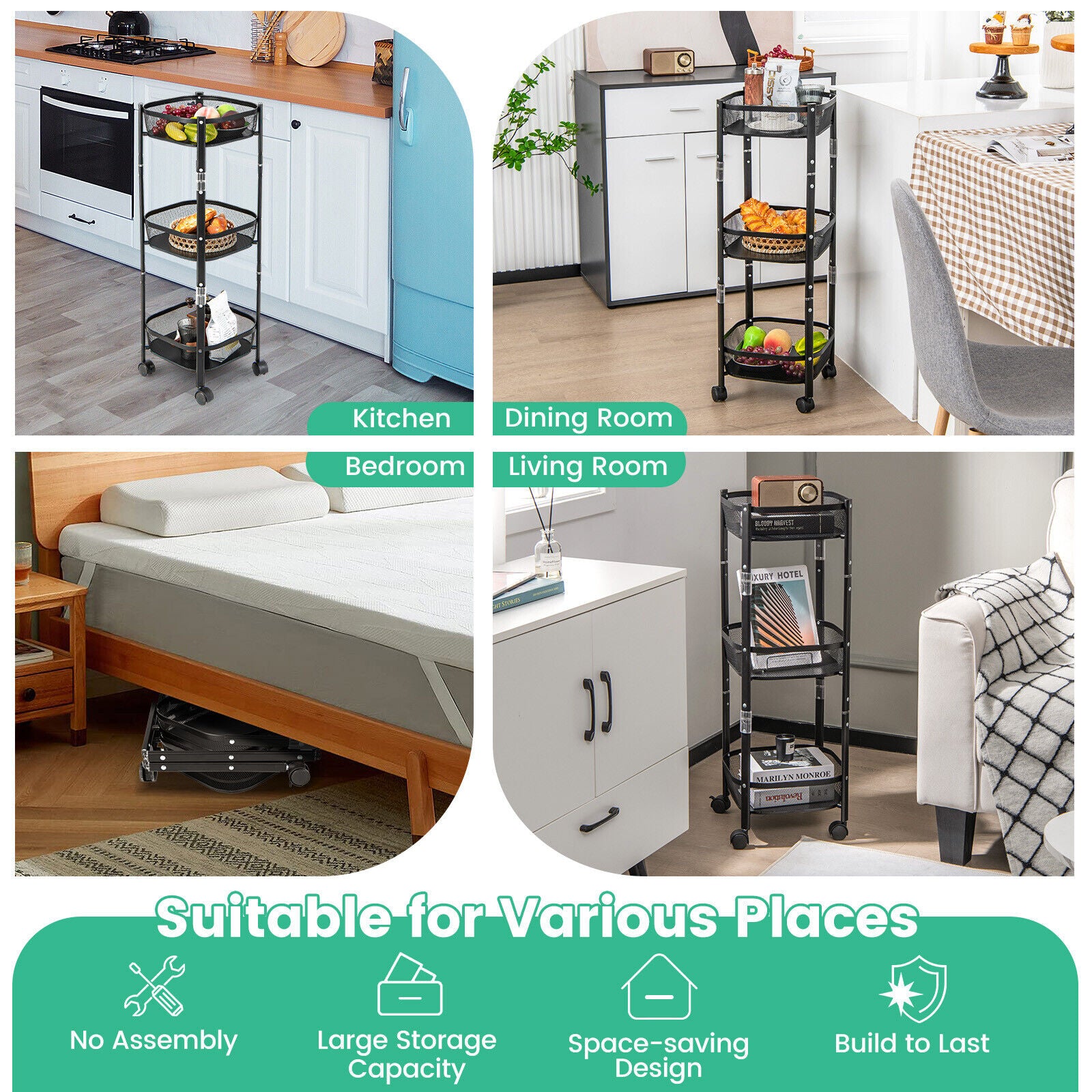 SUGIFT Square 3-Tier Rotating 1-Second folding Storage Rack Metal