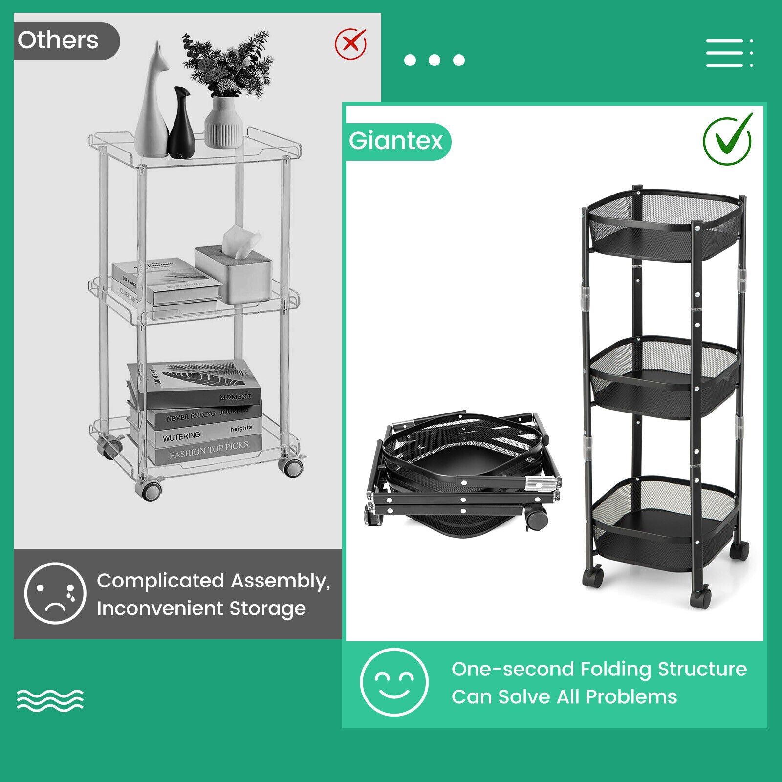 SUGIFT Square 3-Tier Rotating 1-Second folding Storage Rack Metal