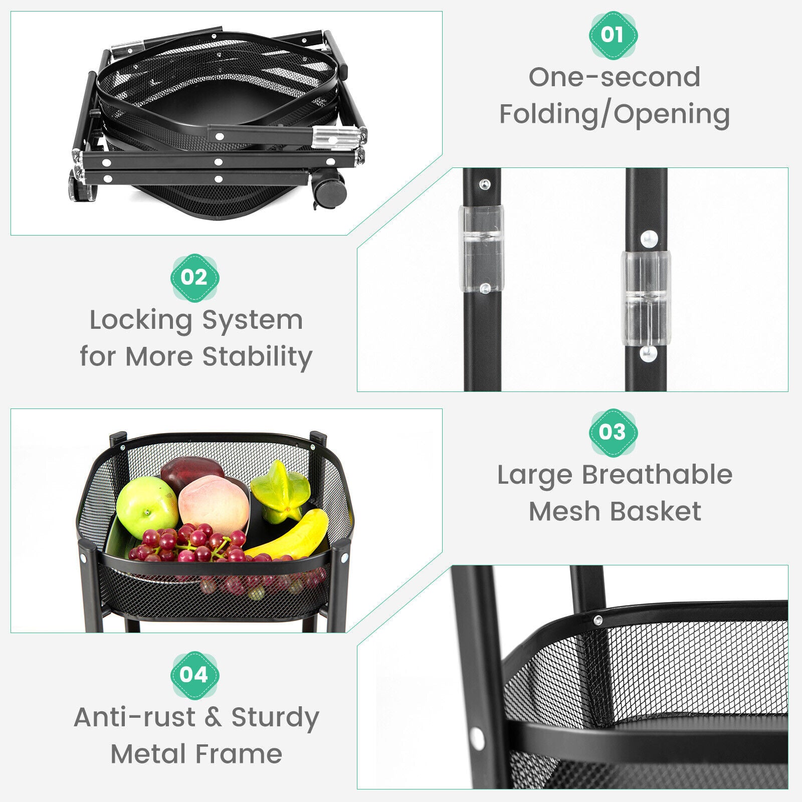 SUGIFT Square 3-Tier Rotating 1-Second folding Storage Rack Metal