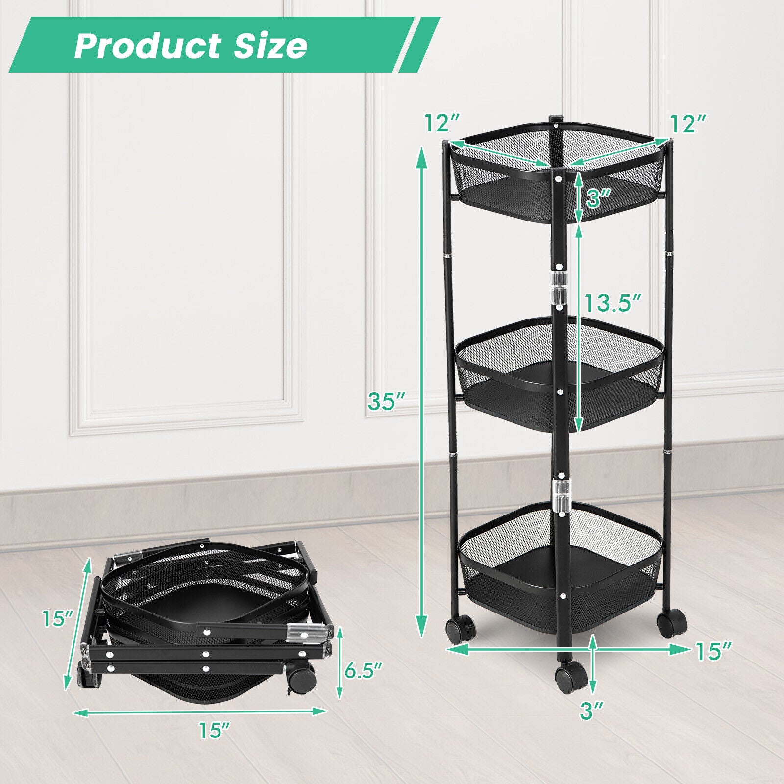 SUGIFT Square 3-Tier Rotating 1-Second folding Storage Rack Metal