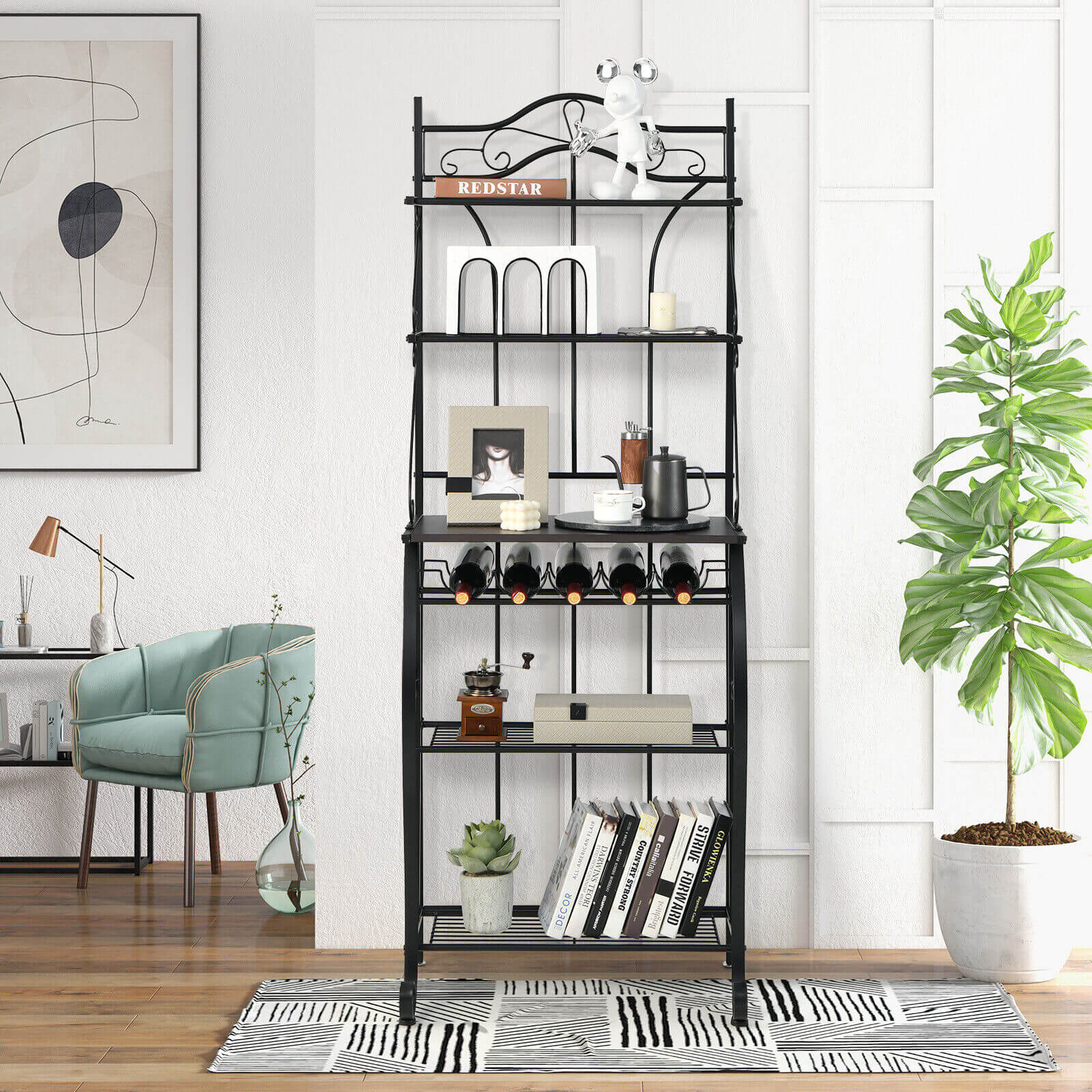 SUGIFT 5-Tier Metal Kitchen Baker's Rack with 5 Wine Bottles Rack