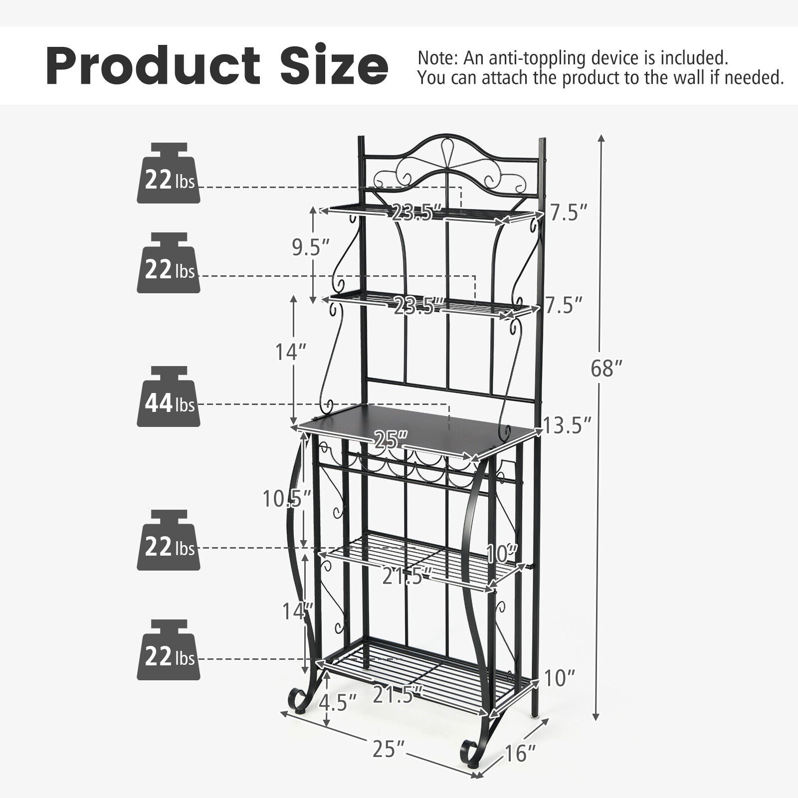 SUGIFT 5-Tier Metal Kitchen Baker's Rack with 5 Wine Bottles Rack