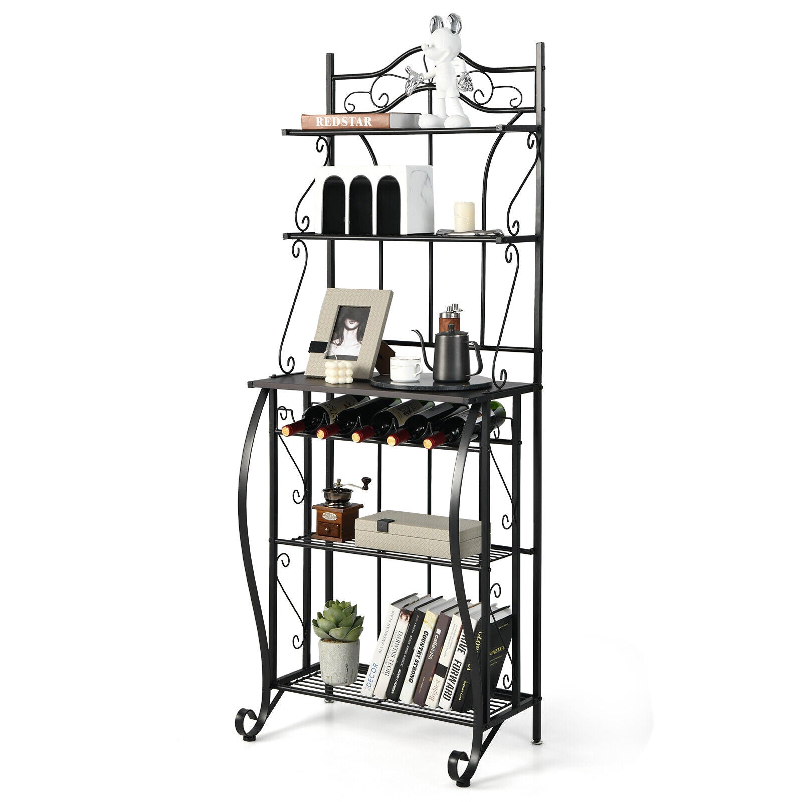 SUGIFT 5-Tier Metal Kitchen Baker's Rack with 5 Wine Bottles Rack