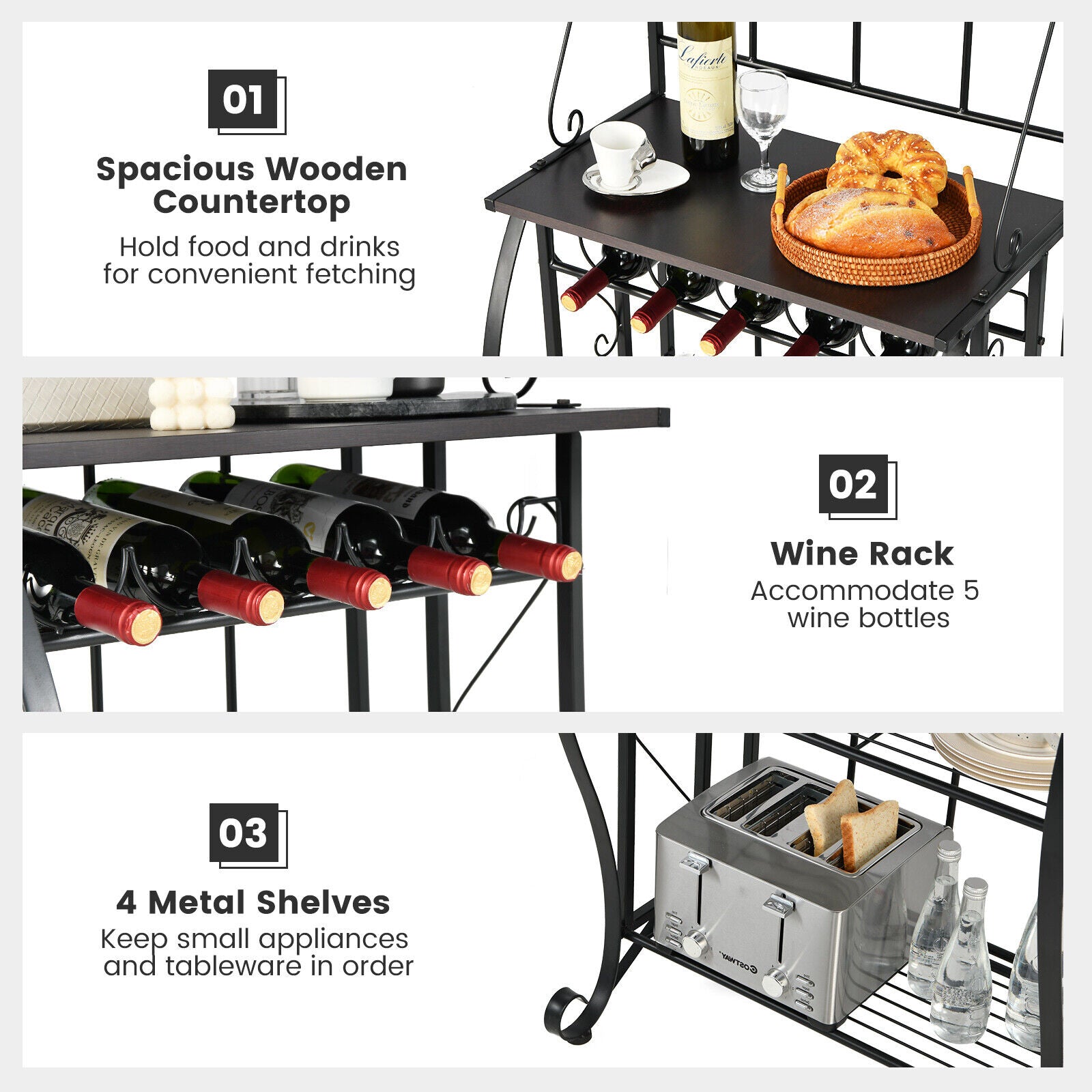 SUGIFT 5-Tier Metal Kitchen Baker's Rack with 5 Wine Bottles Rack