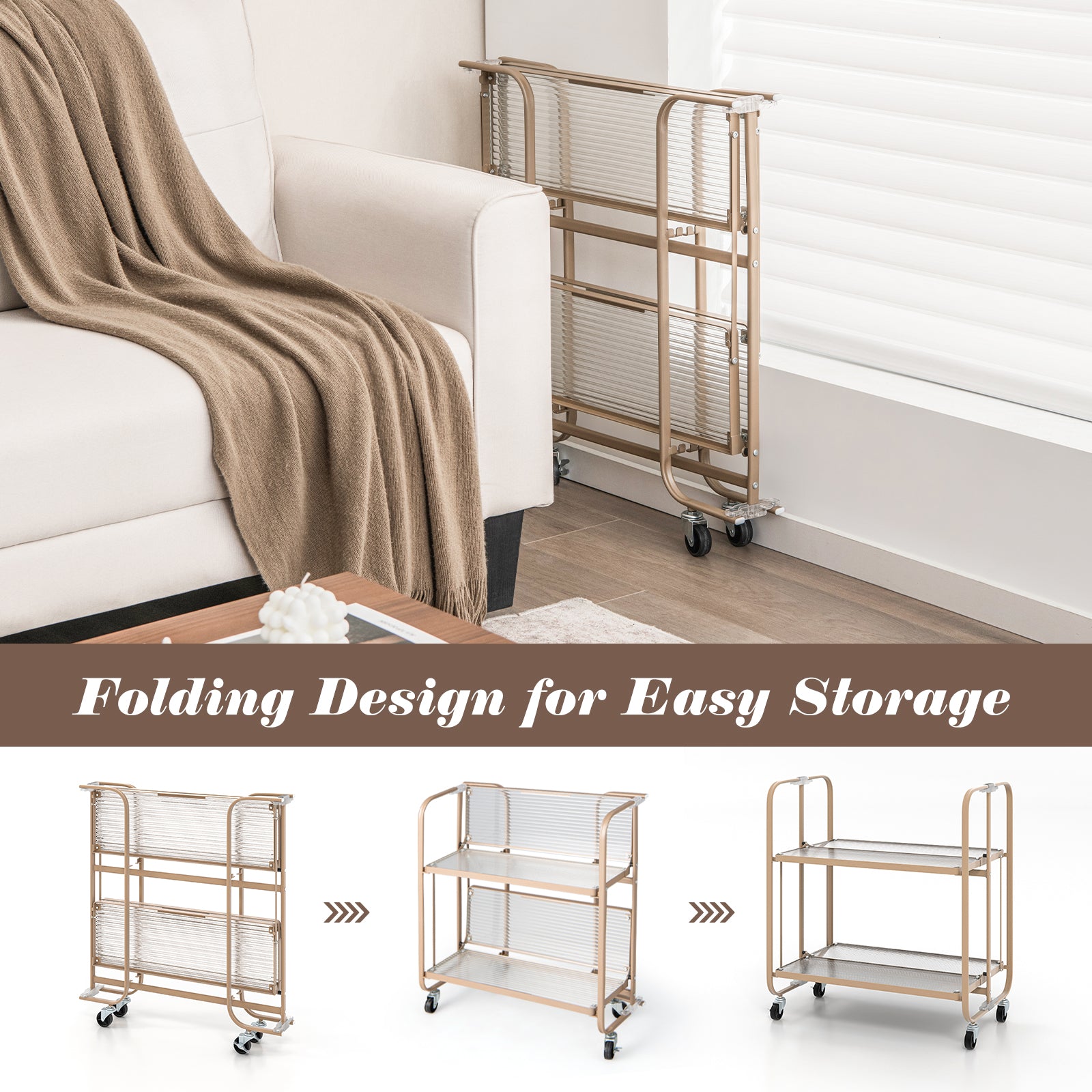 SUGIFT 2-Tier Mobile Serving Cart with Tempered Glass Shelf