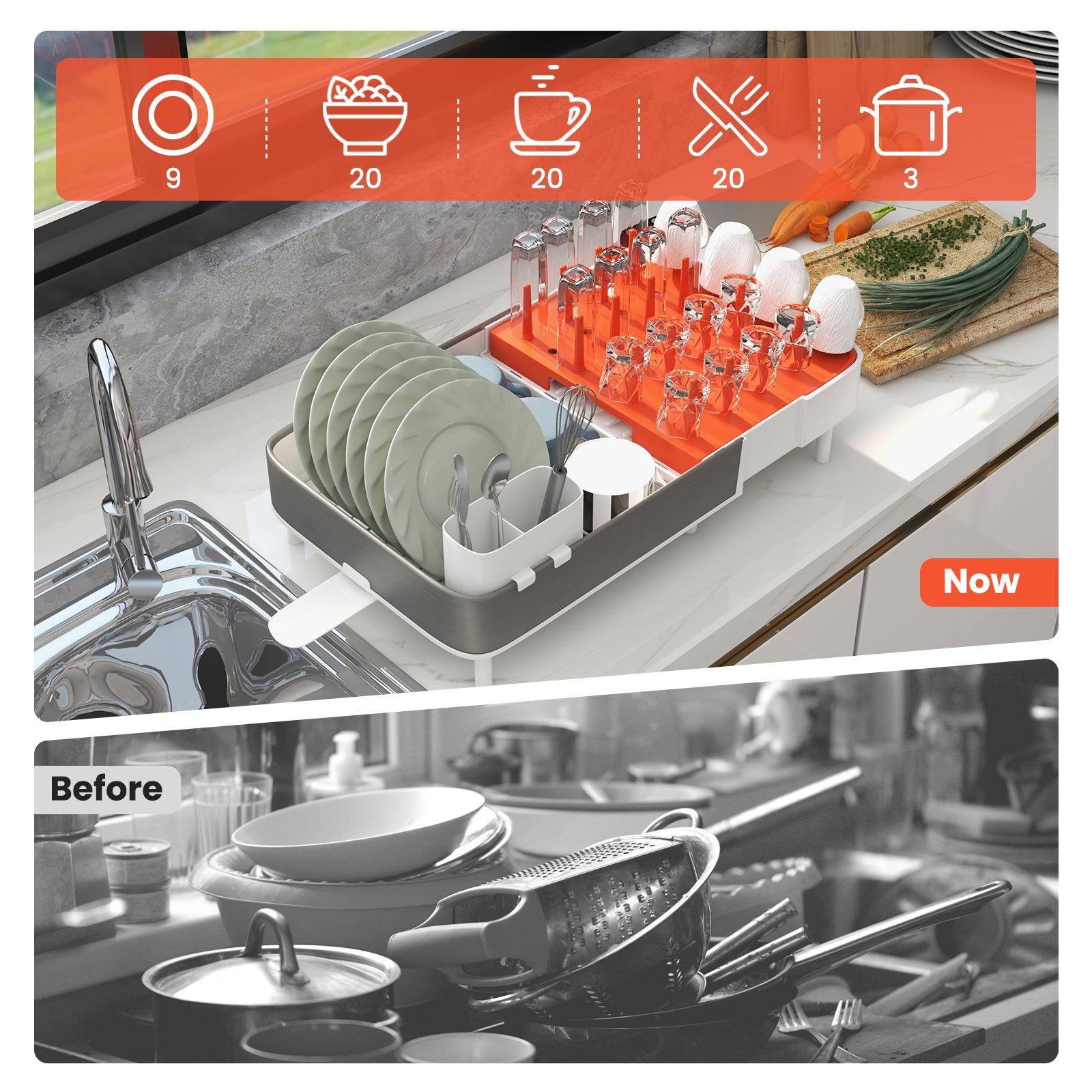 SUGIFT Expandable Dish Drying Rack Adjustable Dual-Part Dish Drainer with Detachable Utensil Holder