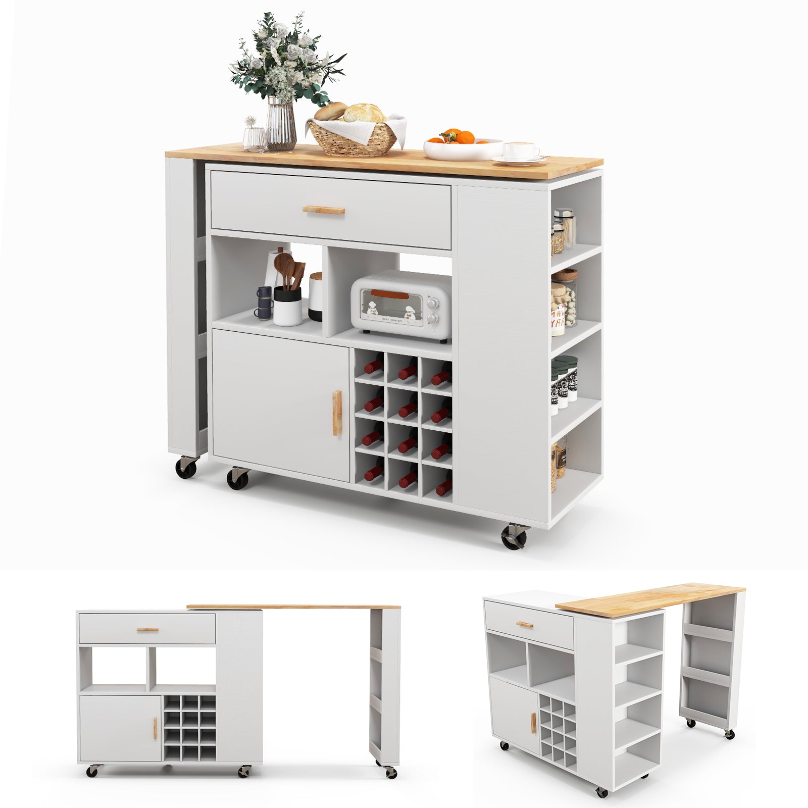 SUGIFT Reversible Folding Kitchen Island Cart with Wine Rack and Spice Rack