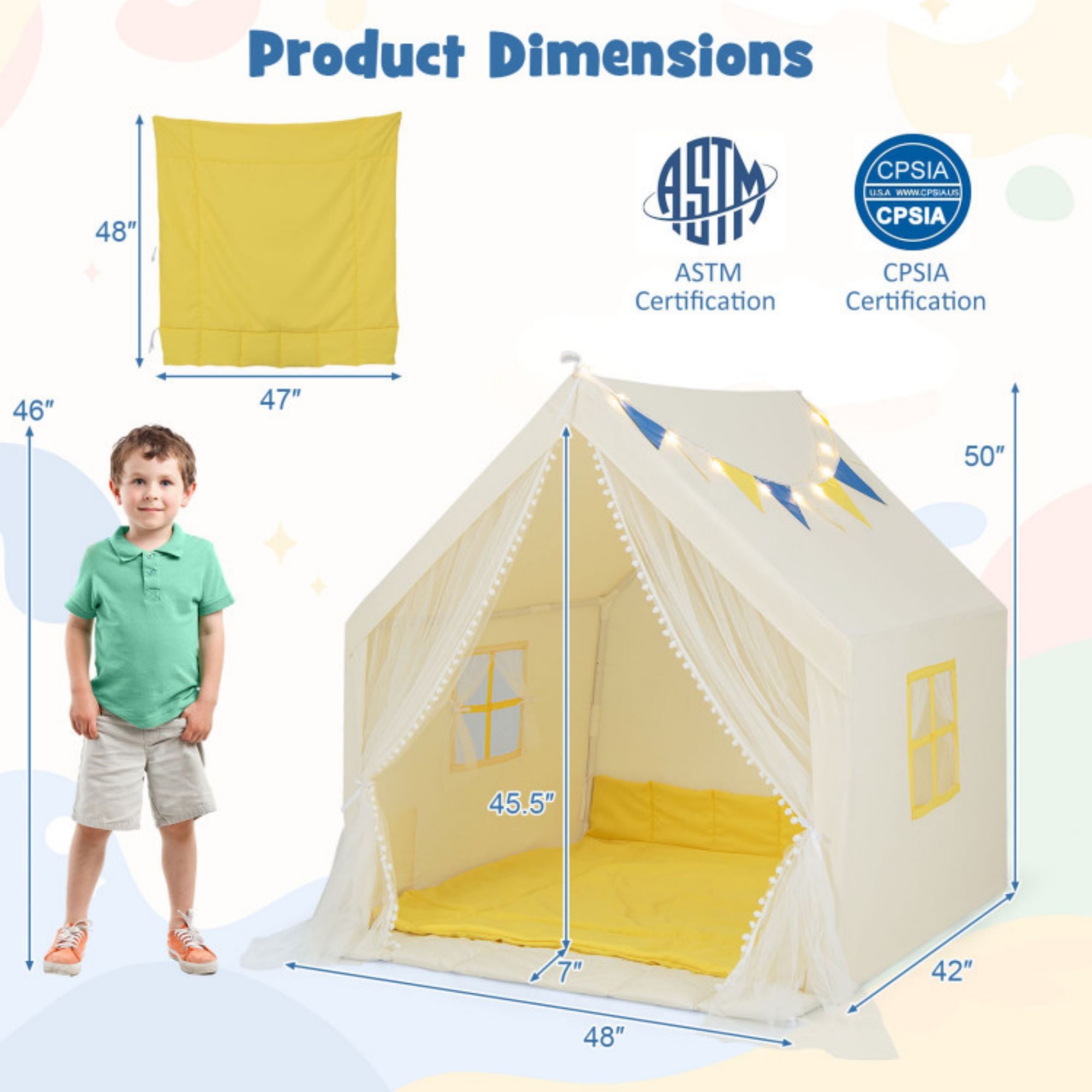 SUGIFT 48 x 42 x 50 Inch Large Play Tent with Washable Cotton Mat Holiday Birthday Gift for Kids