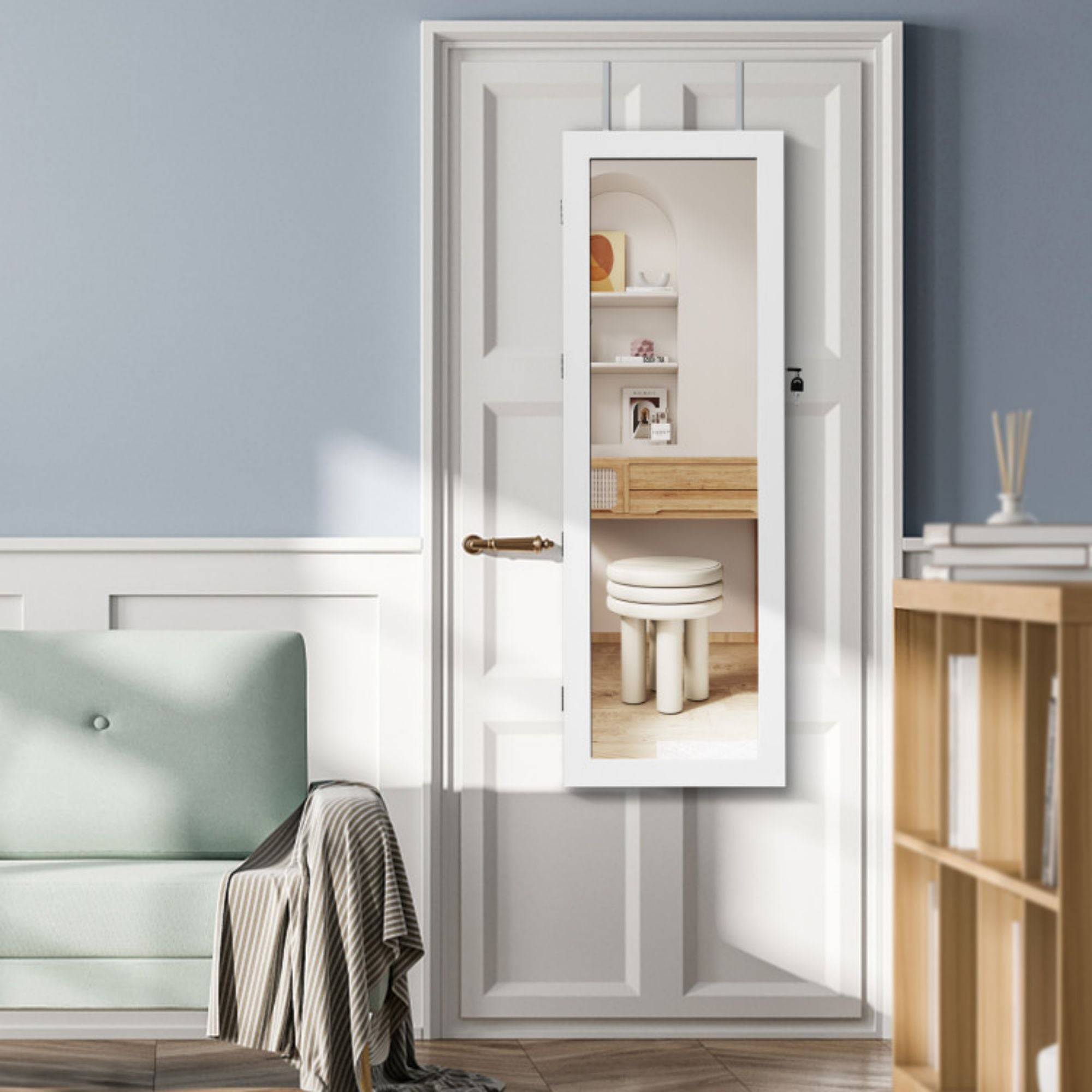 SUGIFT Lockable Wall Mount Mirrored Jewelry Cabinet with LED Lights