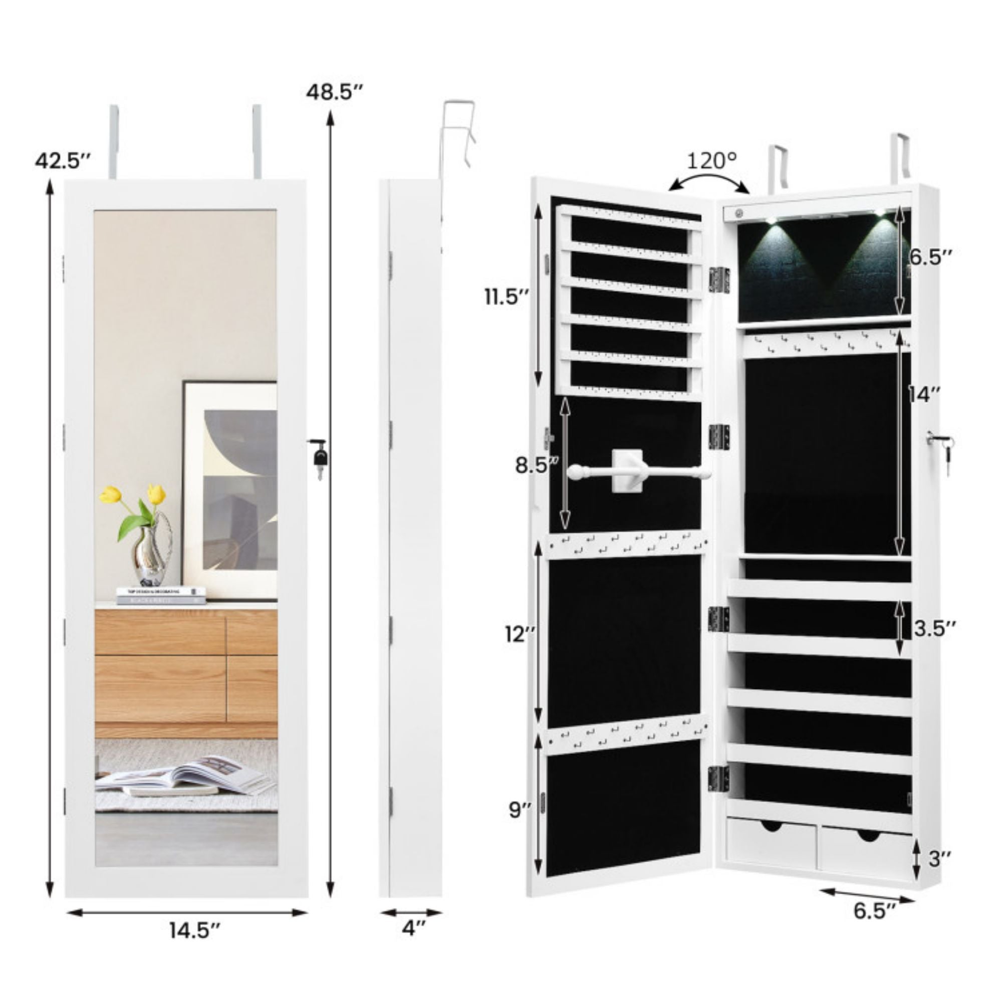 SUGIFT Lockable Wall Mount Mirrored Jewelry Cabinet with LED Lights