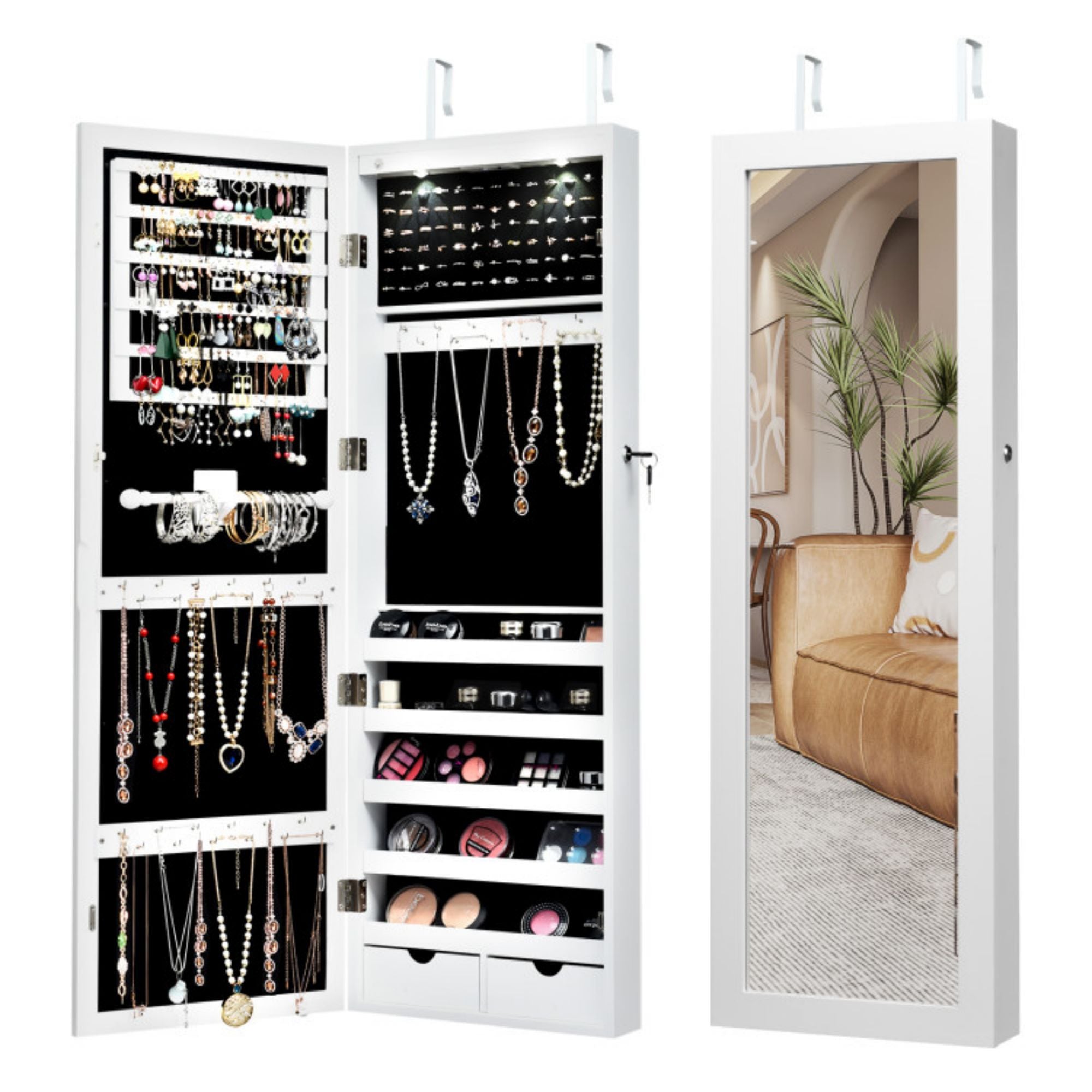 SUGIFT Lockable Wall Mount Mirrored Jewelry Cabinet with LED Lights