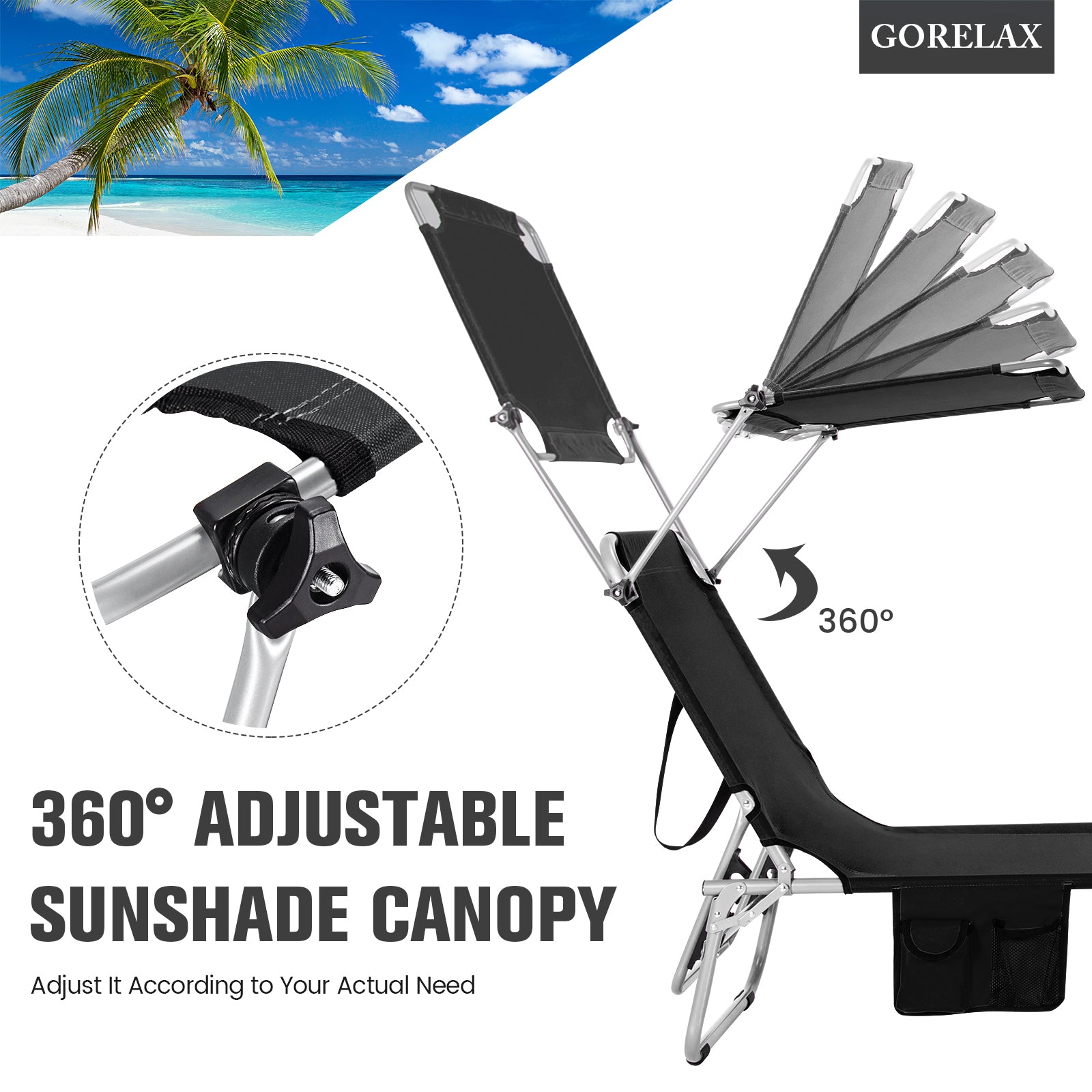 SUGIFT Black 5-Position Adjustable Outdoor Recliner Chair with Canopy Shade