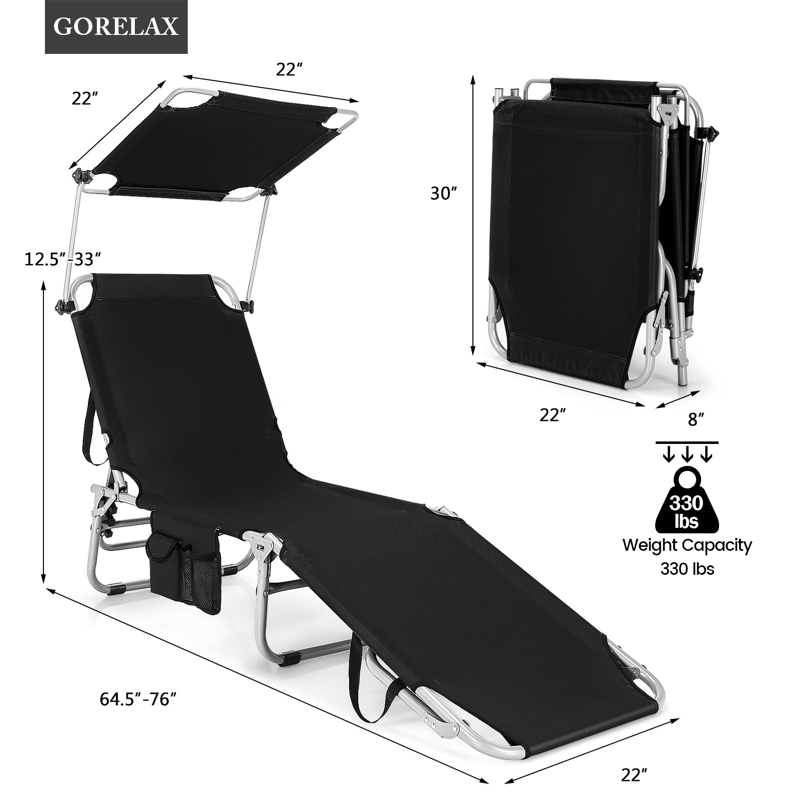 SUGIFT Black 5-Position Adjustable Outdoor Recliner Chair with Canopy Shade