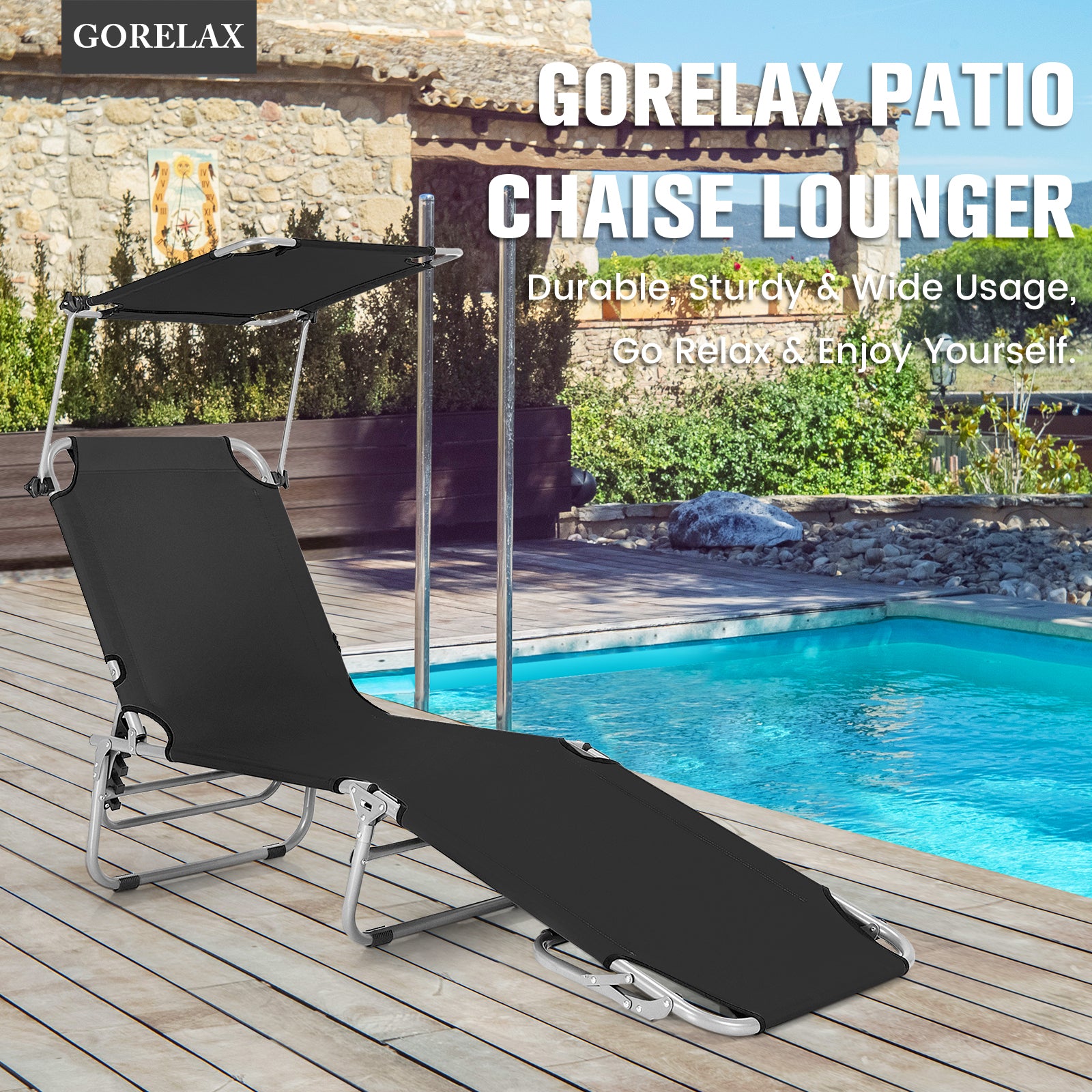 SUGIFT Black 5-Position Adjustable Outdoor Recliner Chair with Canopy Shade