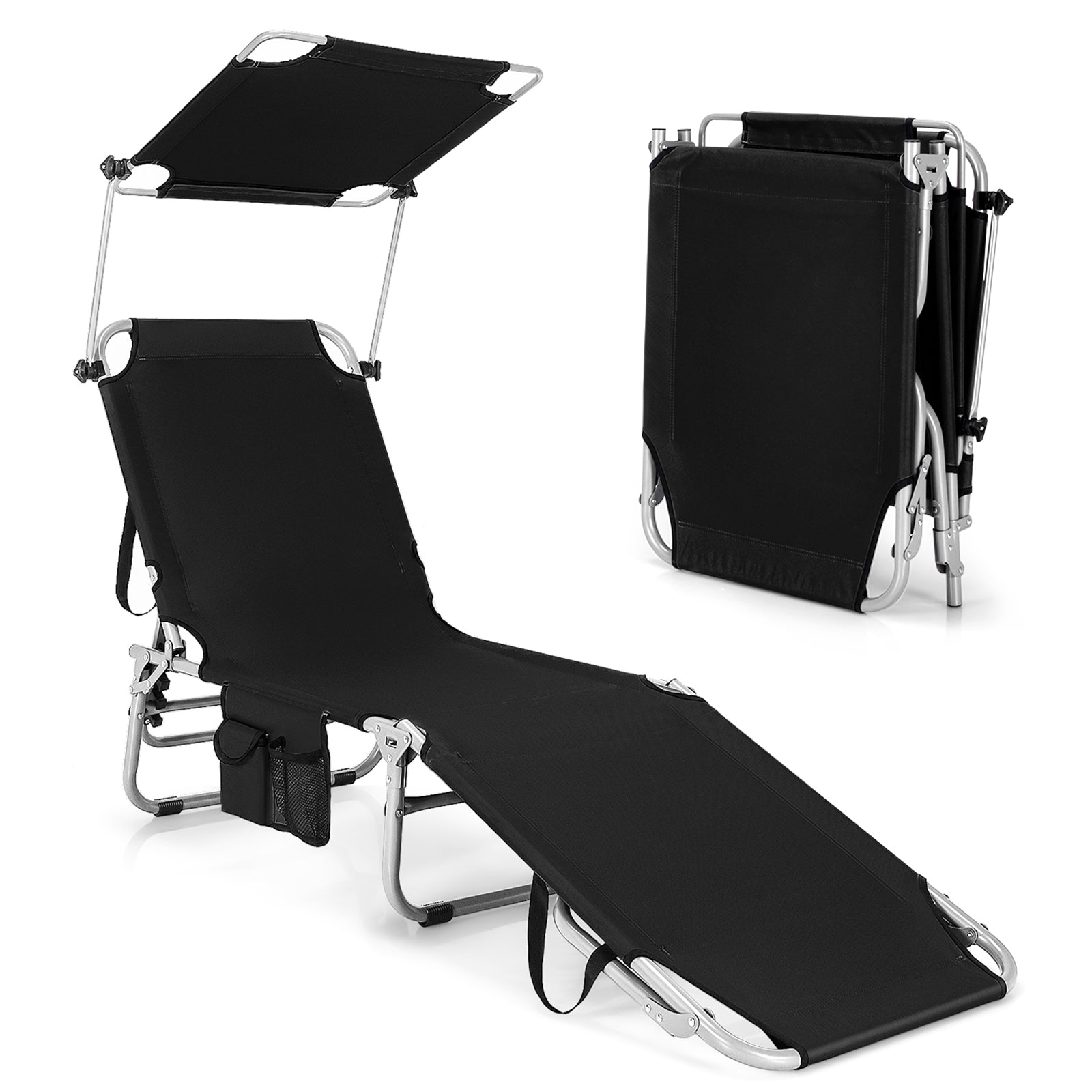 SUGIFT Black 5-Position Adjustable Outdoor Recliner Chair with Canopy Shade
