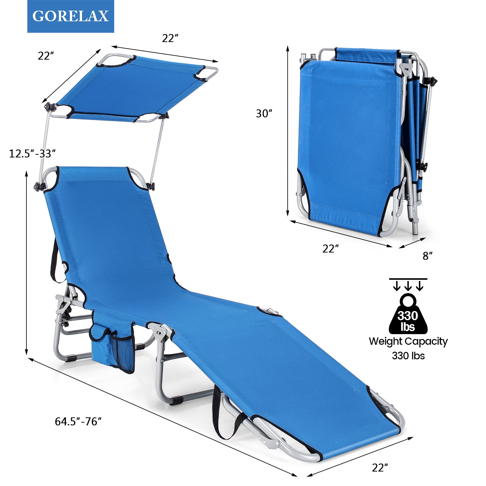 5-Position Adjustable Outdoor Chaise Chair Recliner Chair with Canopy Shade
