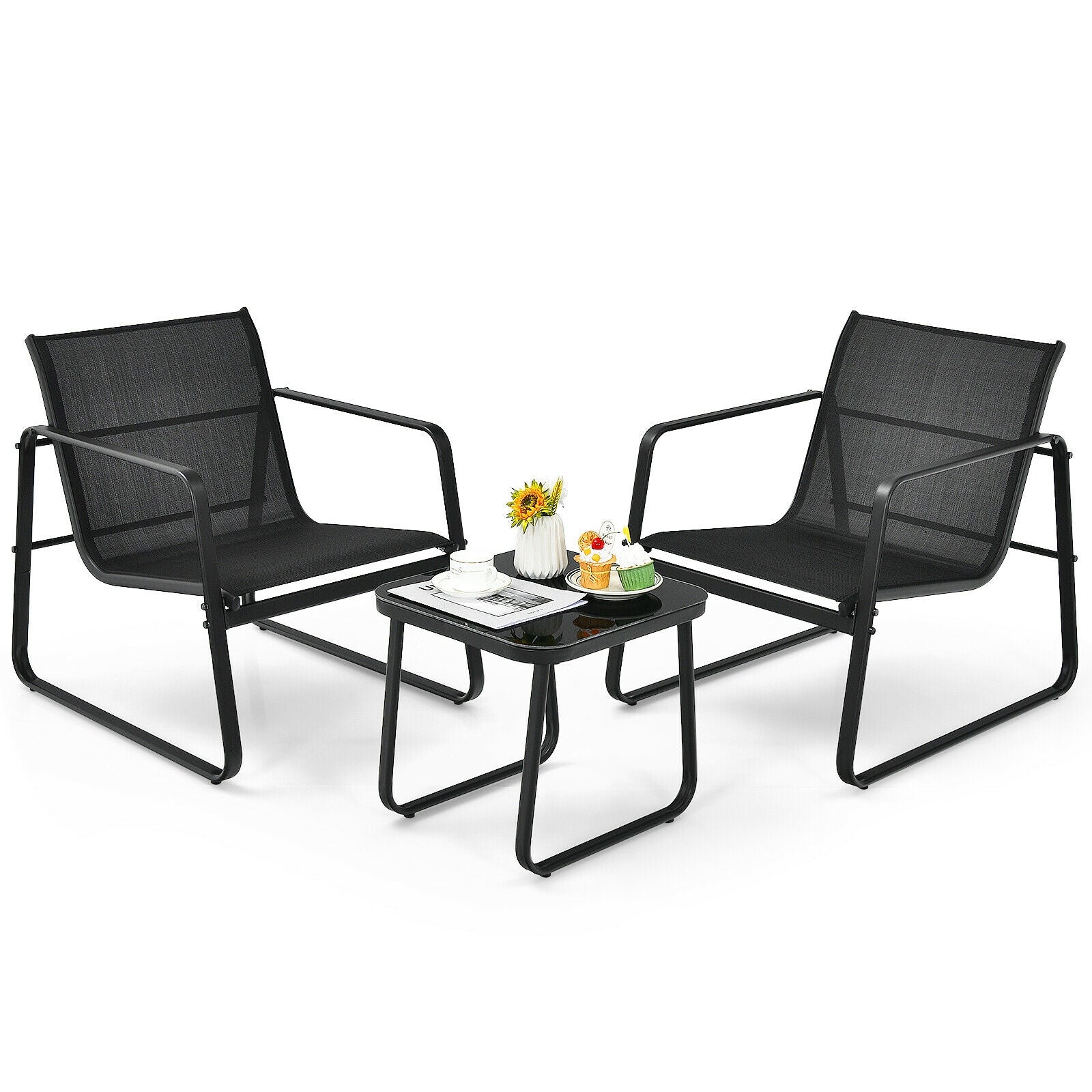 3 Pieces Patio Bistro Furniture Set with Glass Top Table Garden Deck
