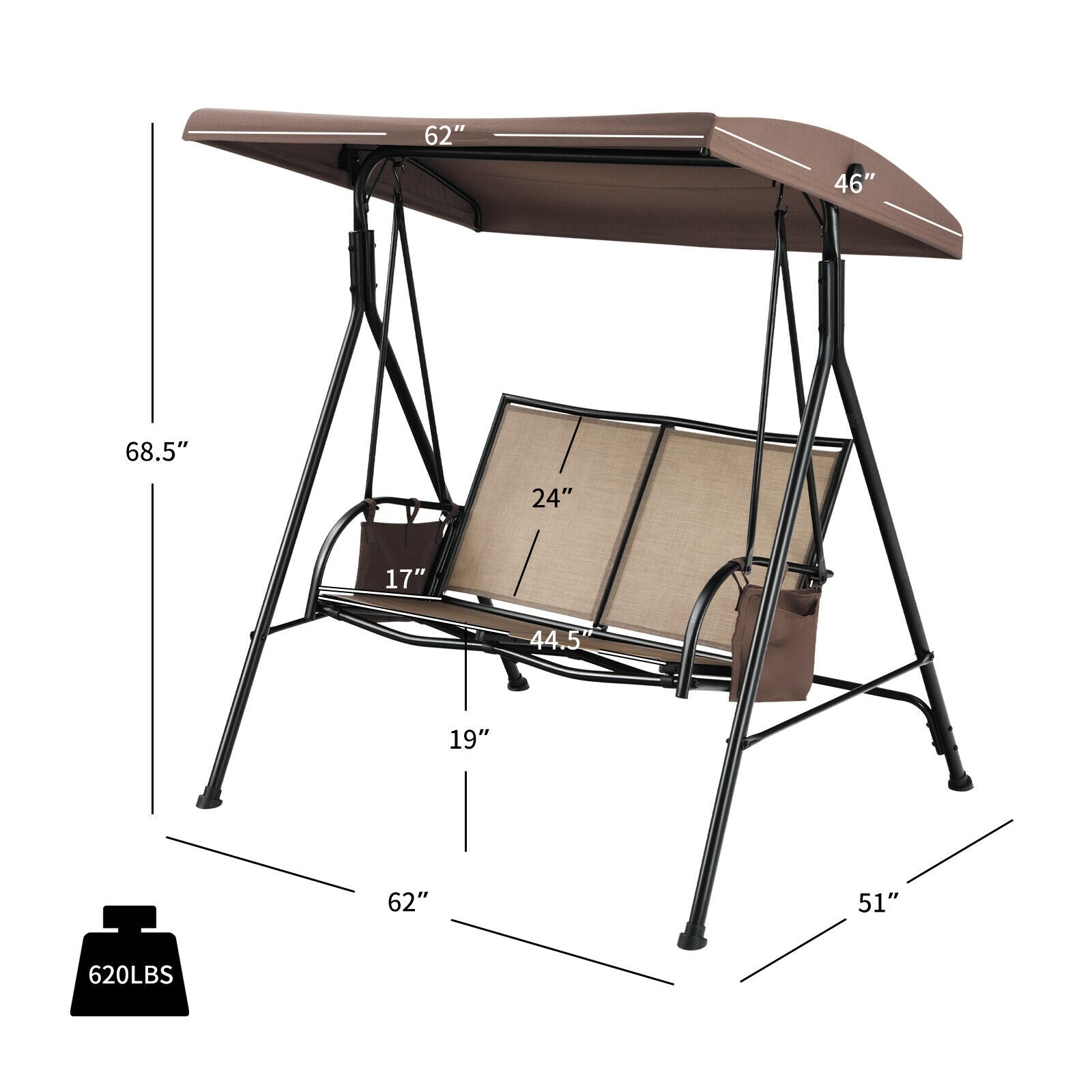 2-Person Patio Swing with Adjustable Canopy and 2 Storage Pocket