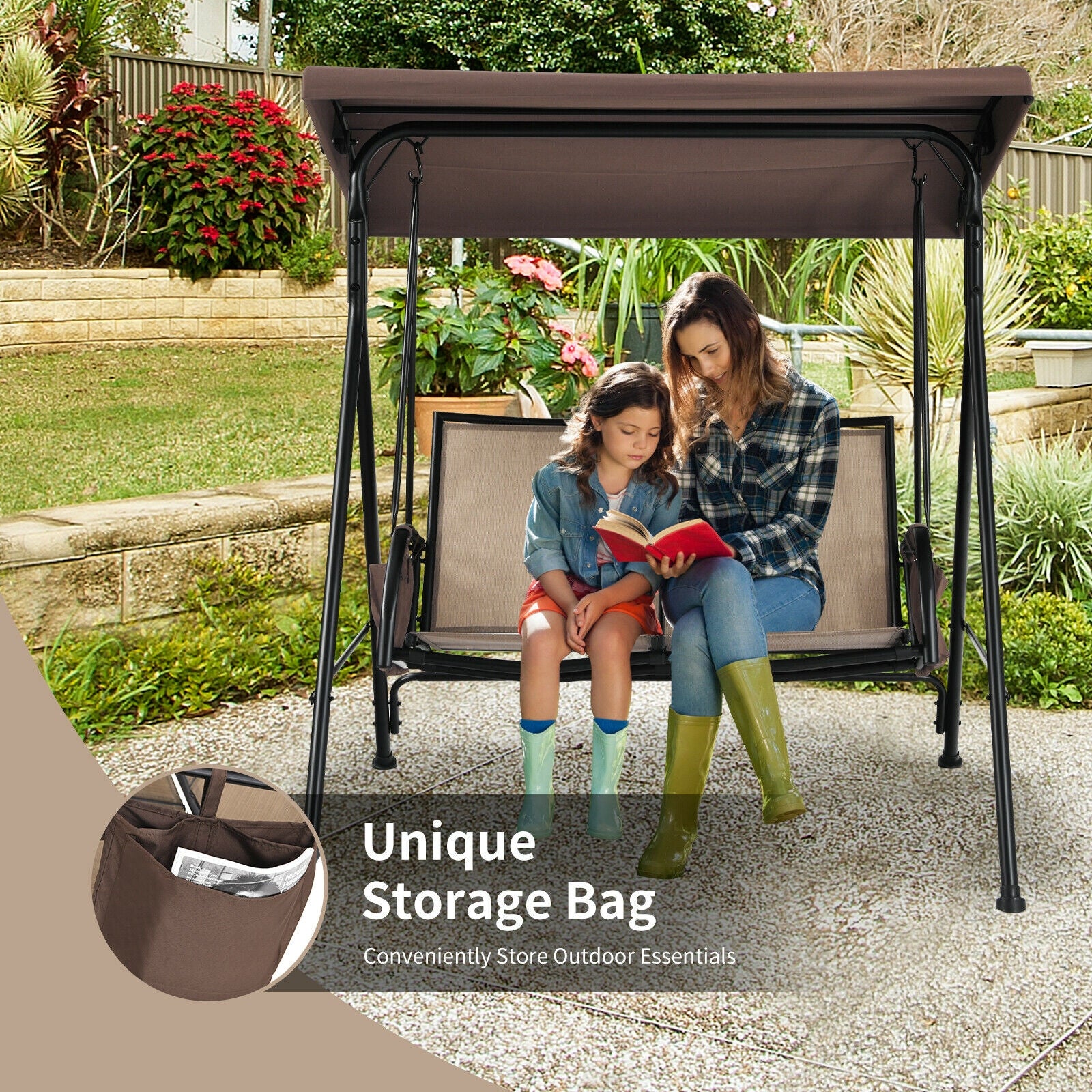 2-Person Patio Swing with Adjustable Canopy and 2 Storage Pocket