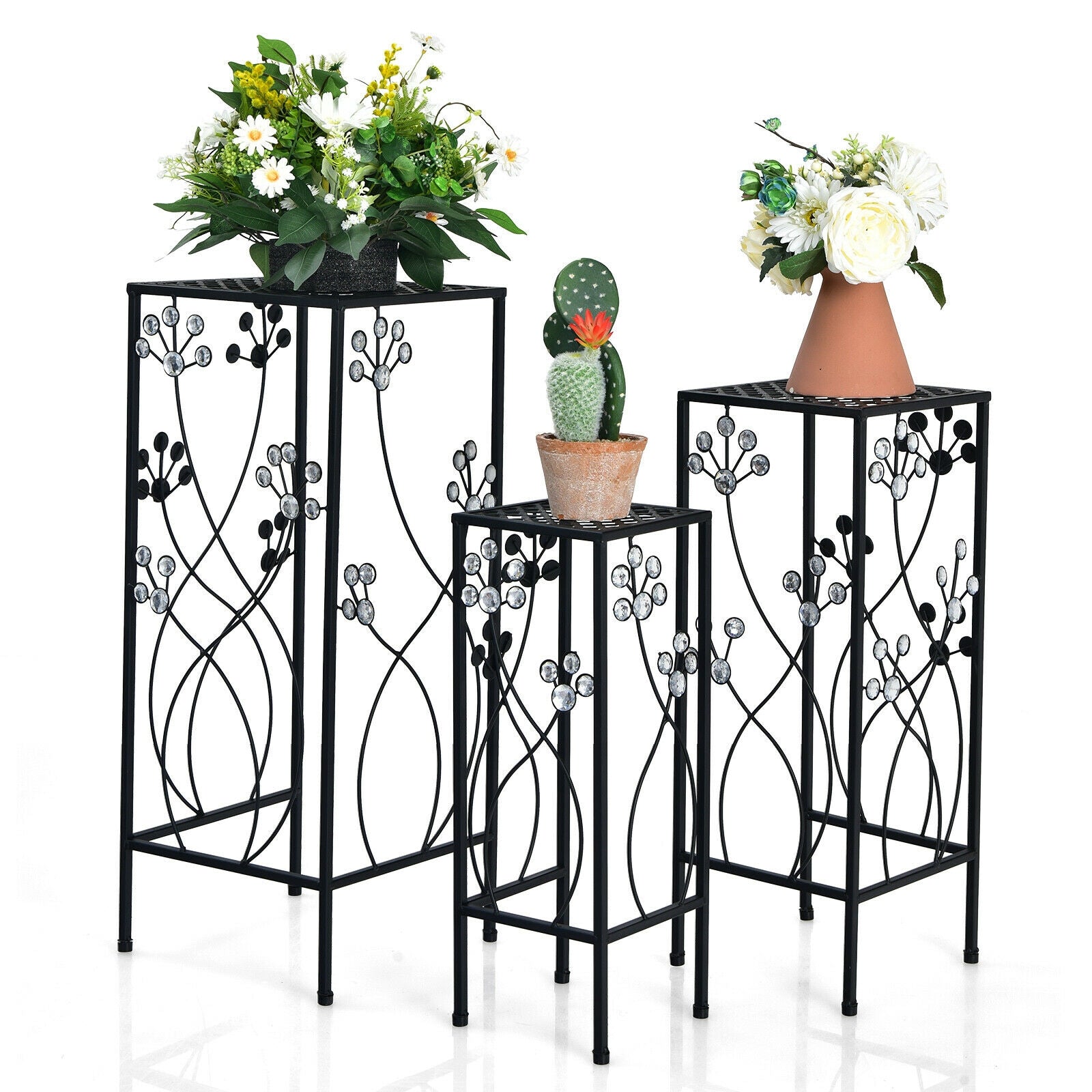 3 Pieces Flower Pots Display Rack with Vines and Crystal Floral Accents Square