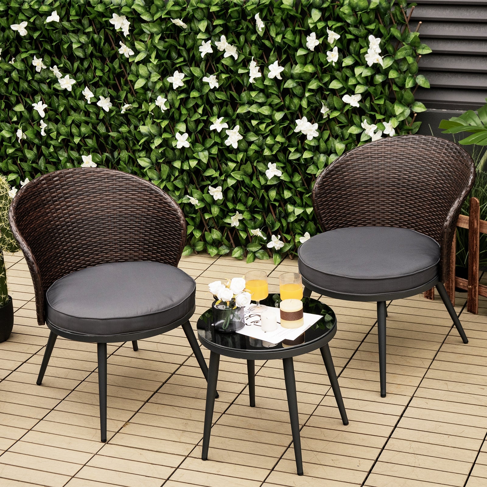 3 Pieces Patio Rattan Bistro Set with 2 Seat Cushions and Tempered Glass Tabletop