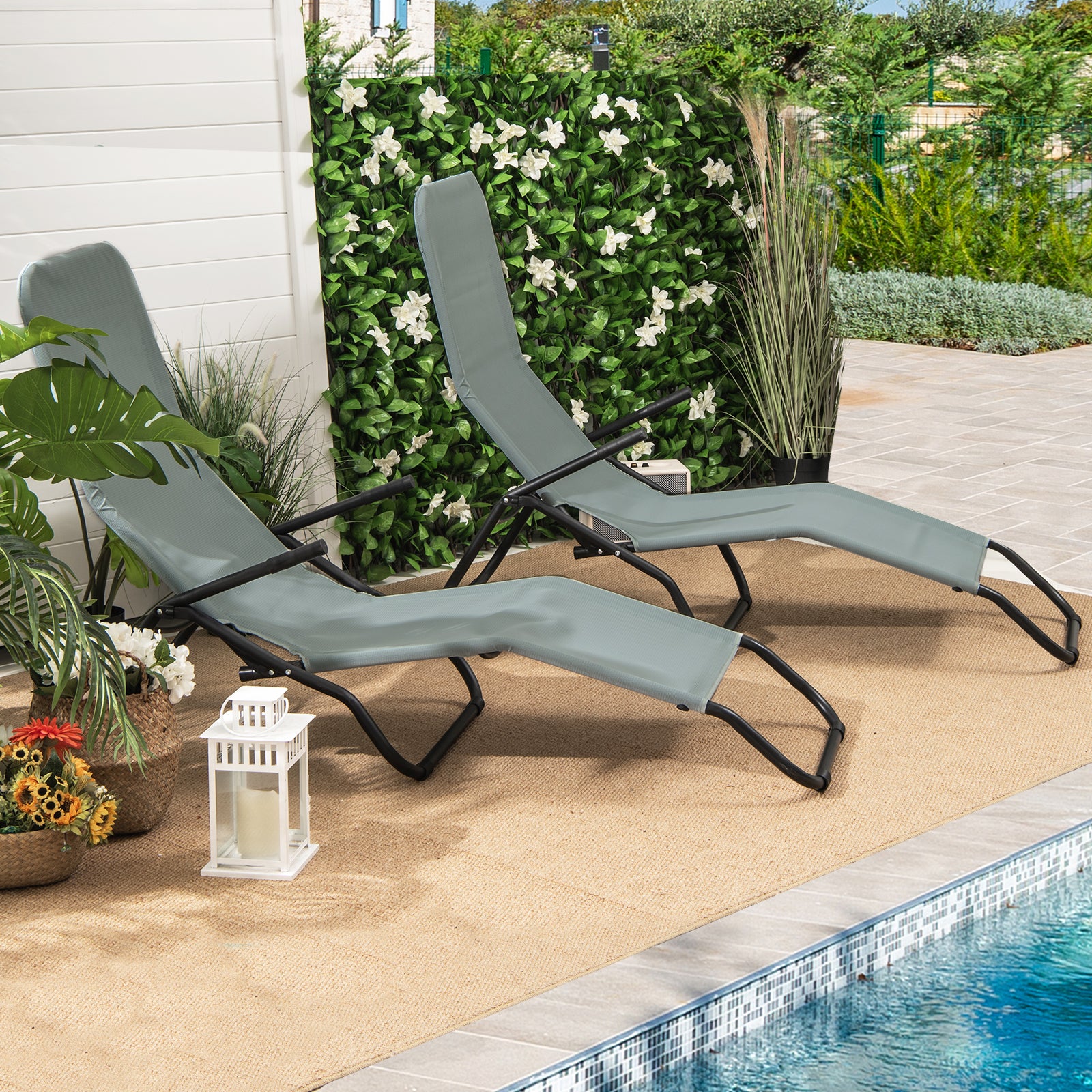2 Pieces Stackable Portable Patio Chaise Lounger with Rocking Design