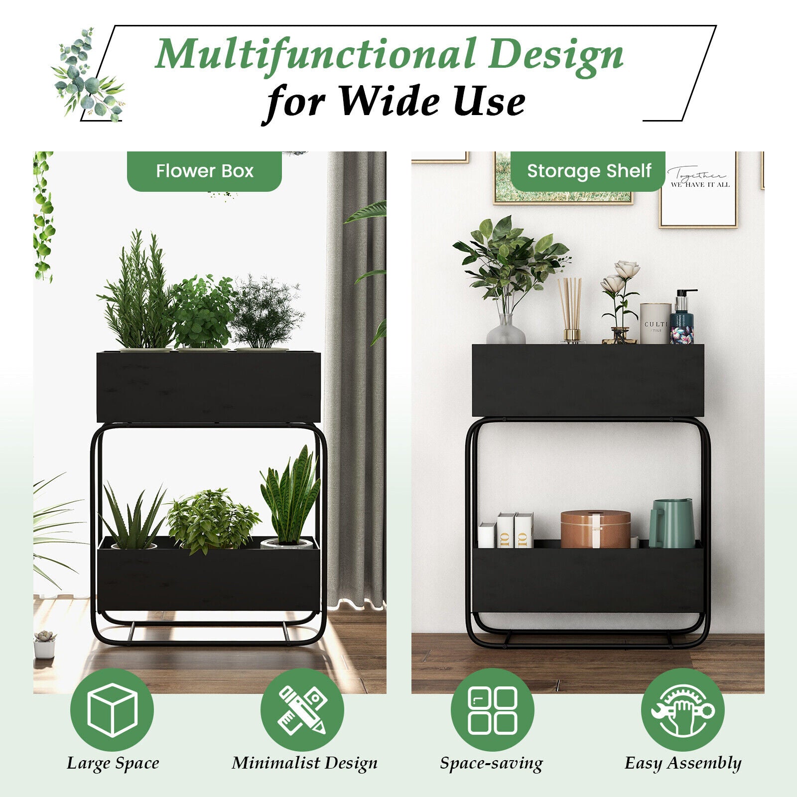 2-Tier Metal Elevated Garden Bed with Raised Flower Box