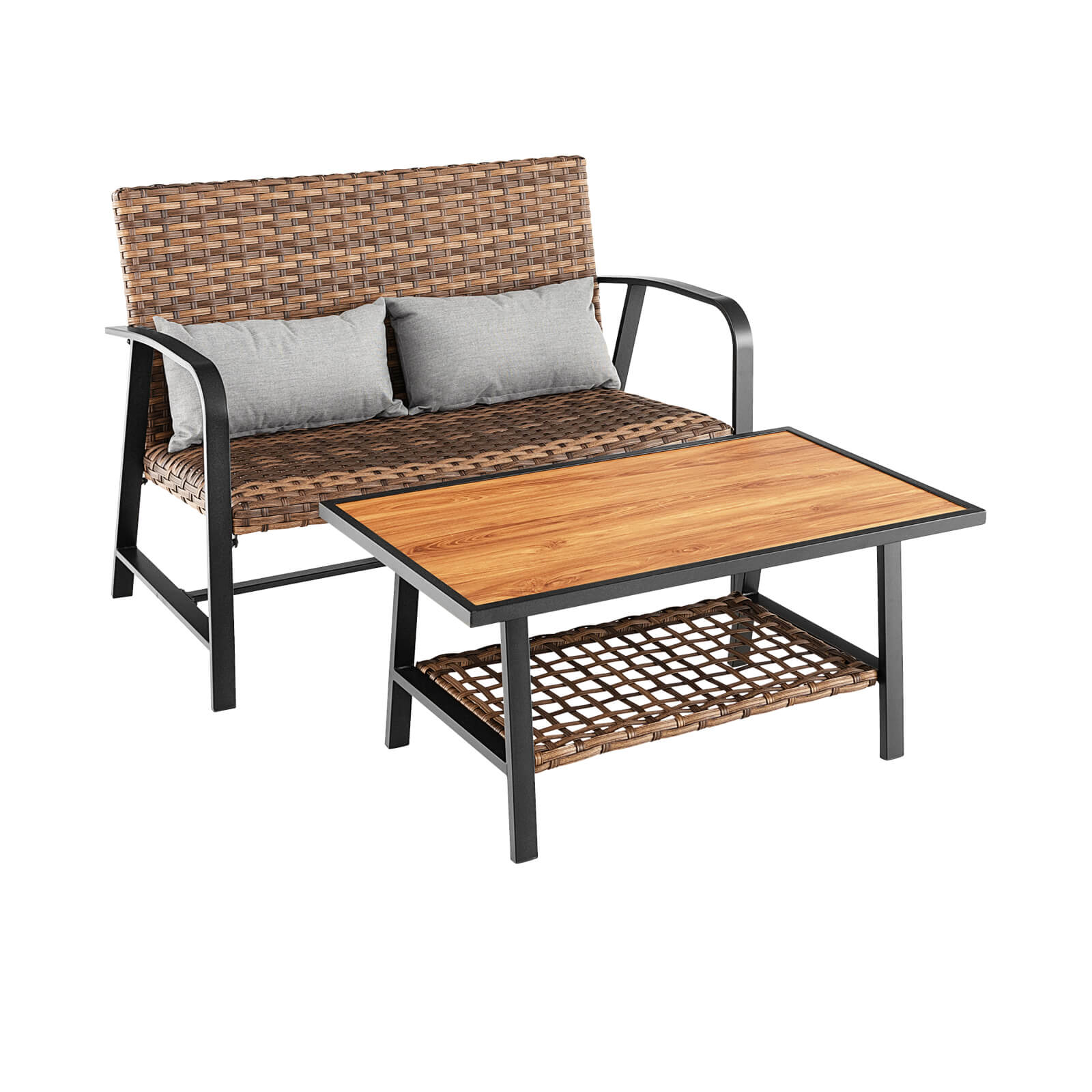 SUGIFT 2 Pieces Patio Rattan Coffee Table Set with Shelf and Quick Dry Cushion