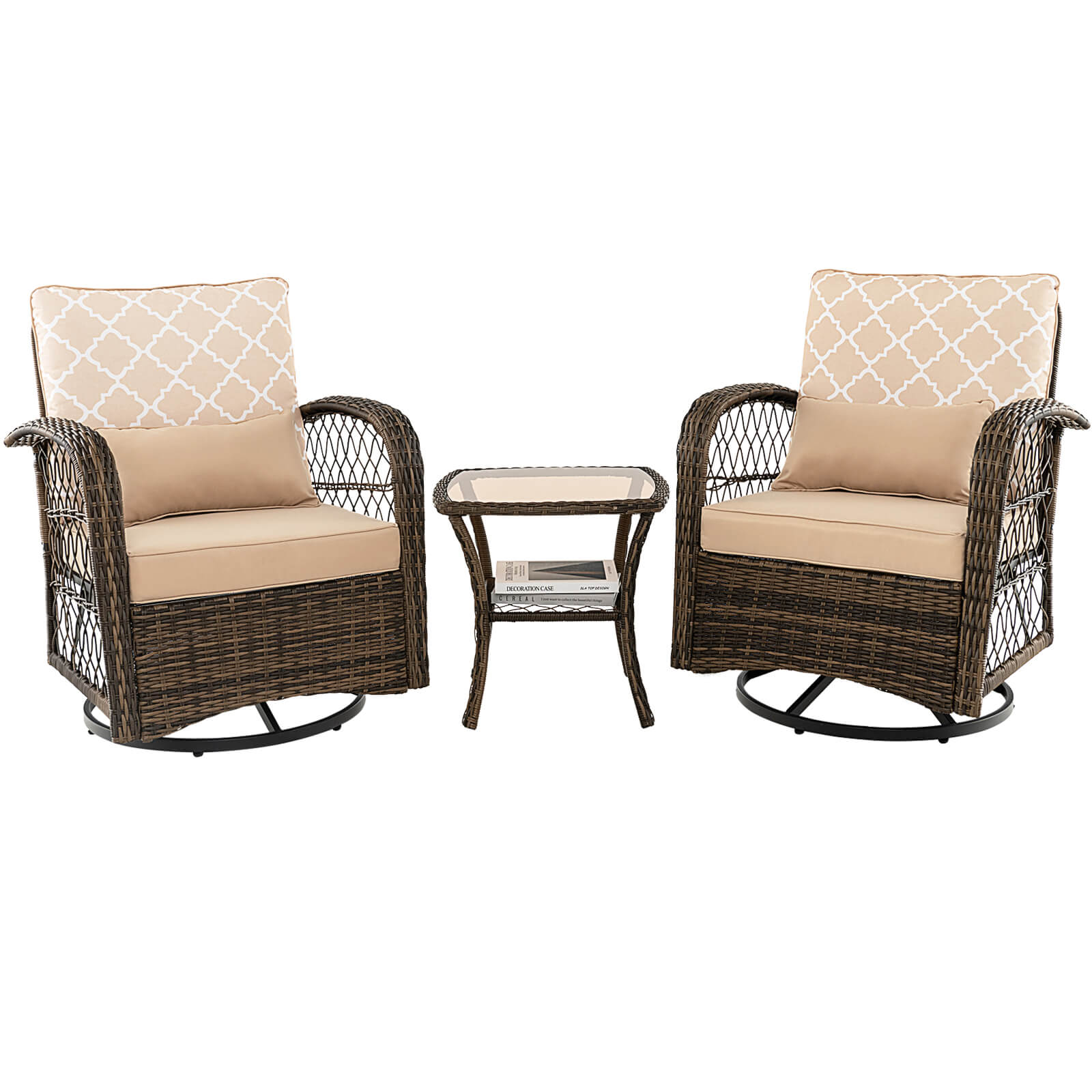 3 Pieces Outdoor Wicker Conversation Set with Tempered Glass Coffee Table