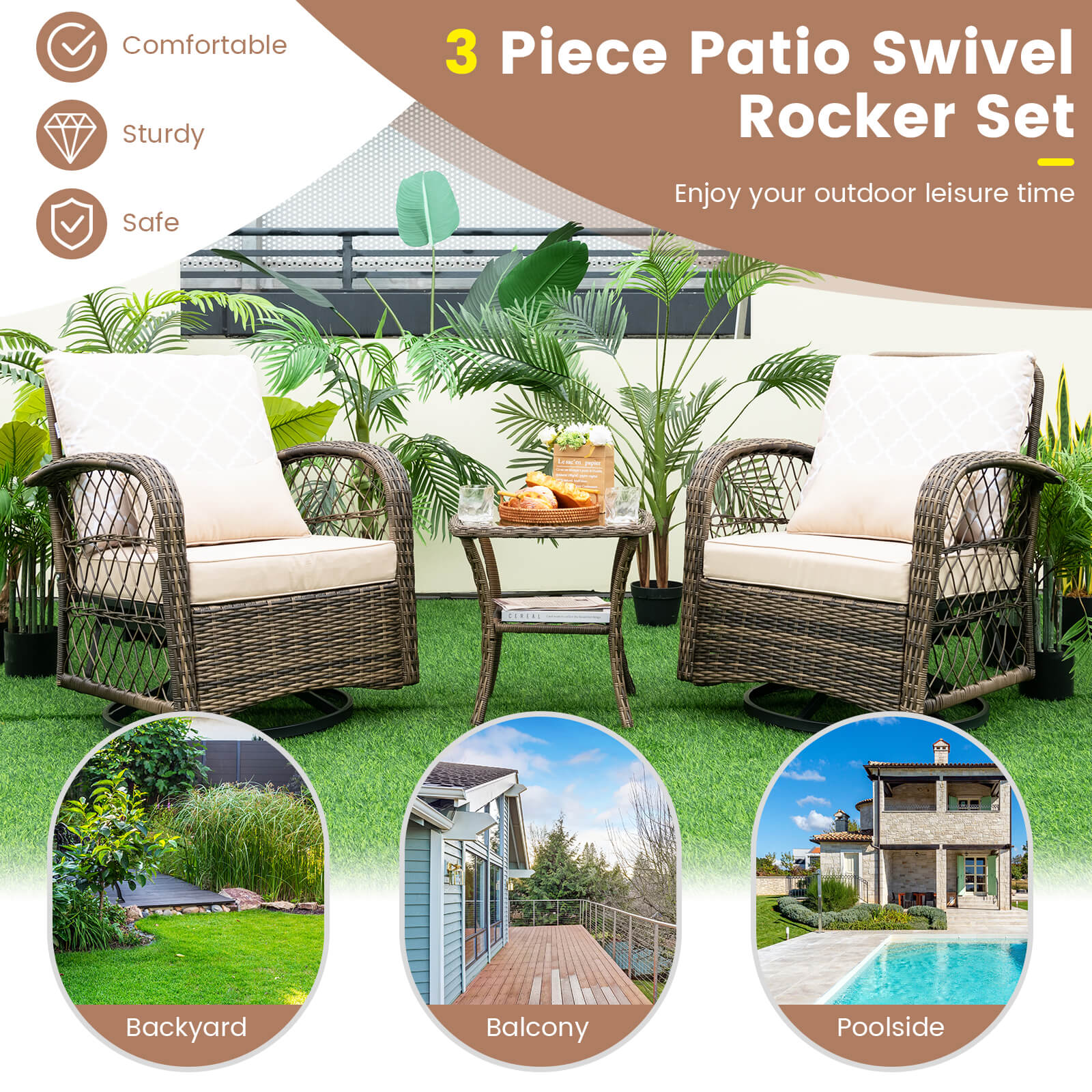 3 Pieces Outdoor Wicker Conversation Set with Tempered Glass Coffee Table
