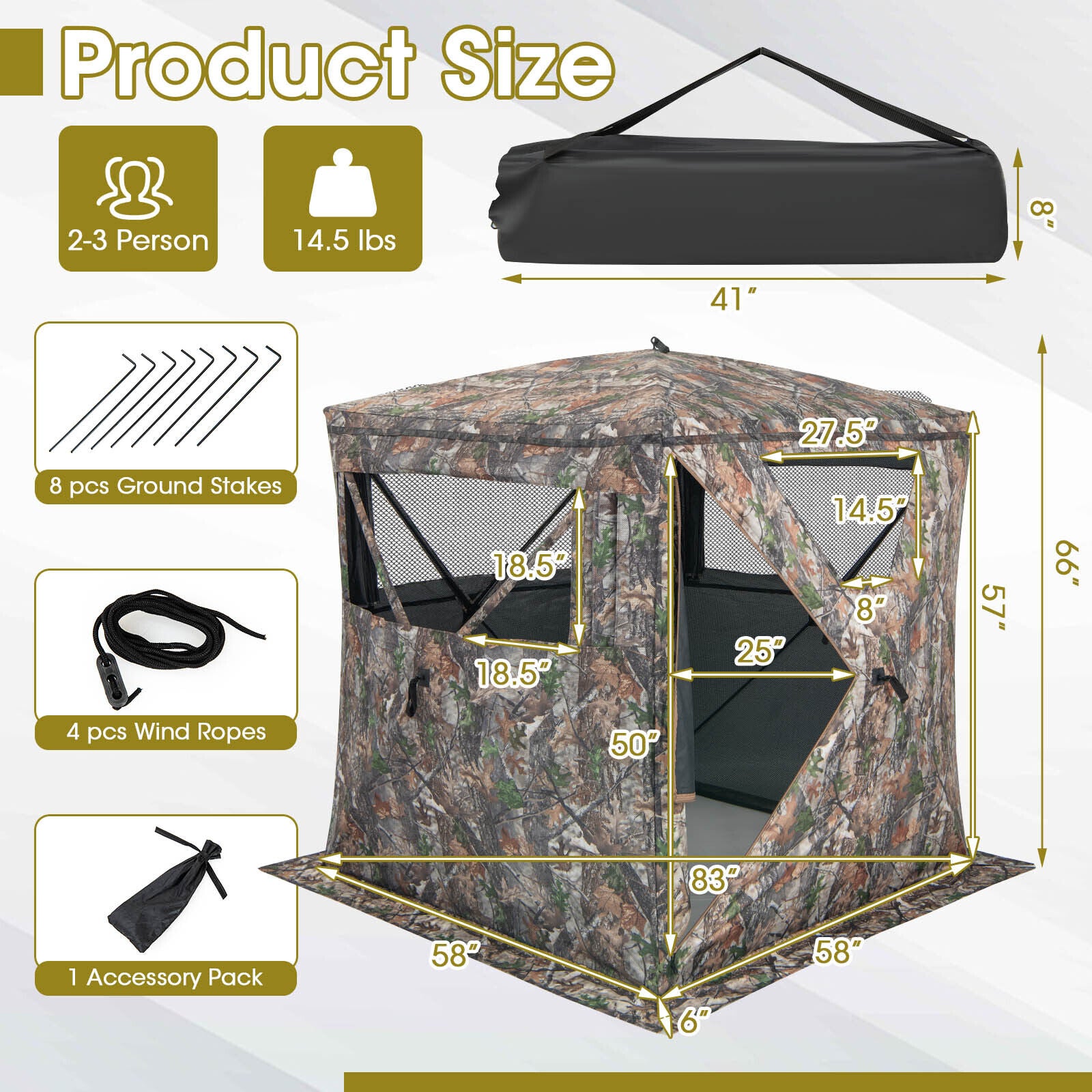 SUGIFT 2-3 Person Hunting Blind Portable Pop Up Ground Tent with Carry Bag and Storage Pocket